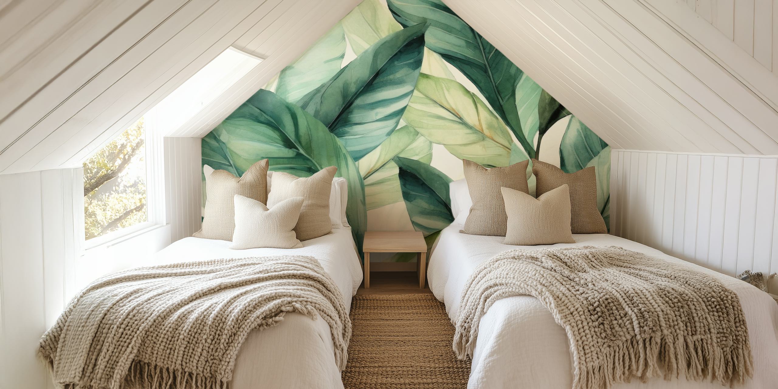 Tropical green leaf design on wallpaper with a watercolor style