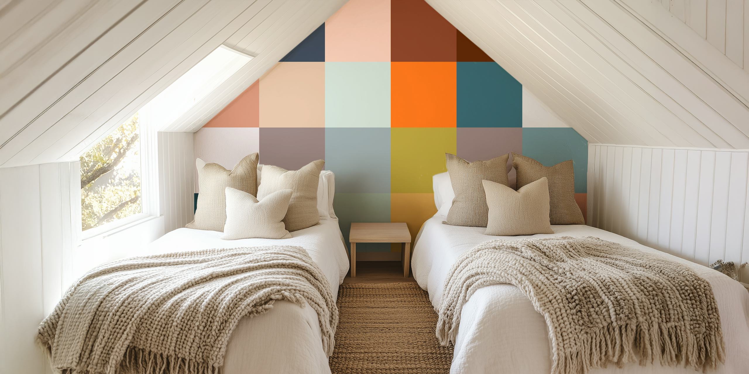 Multicolor squares in geometric pattern wallpaper