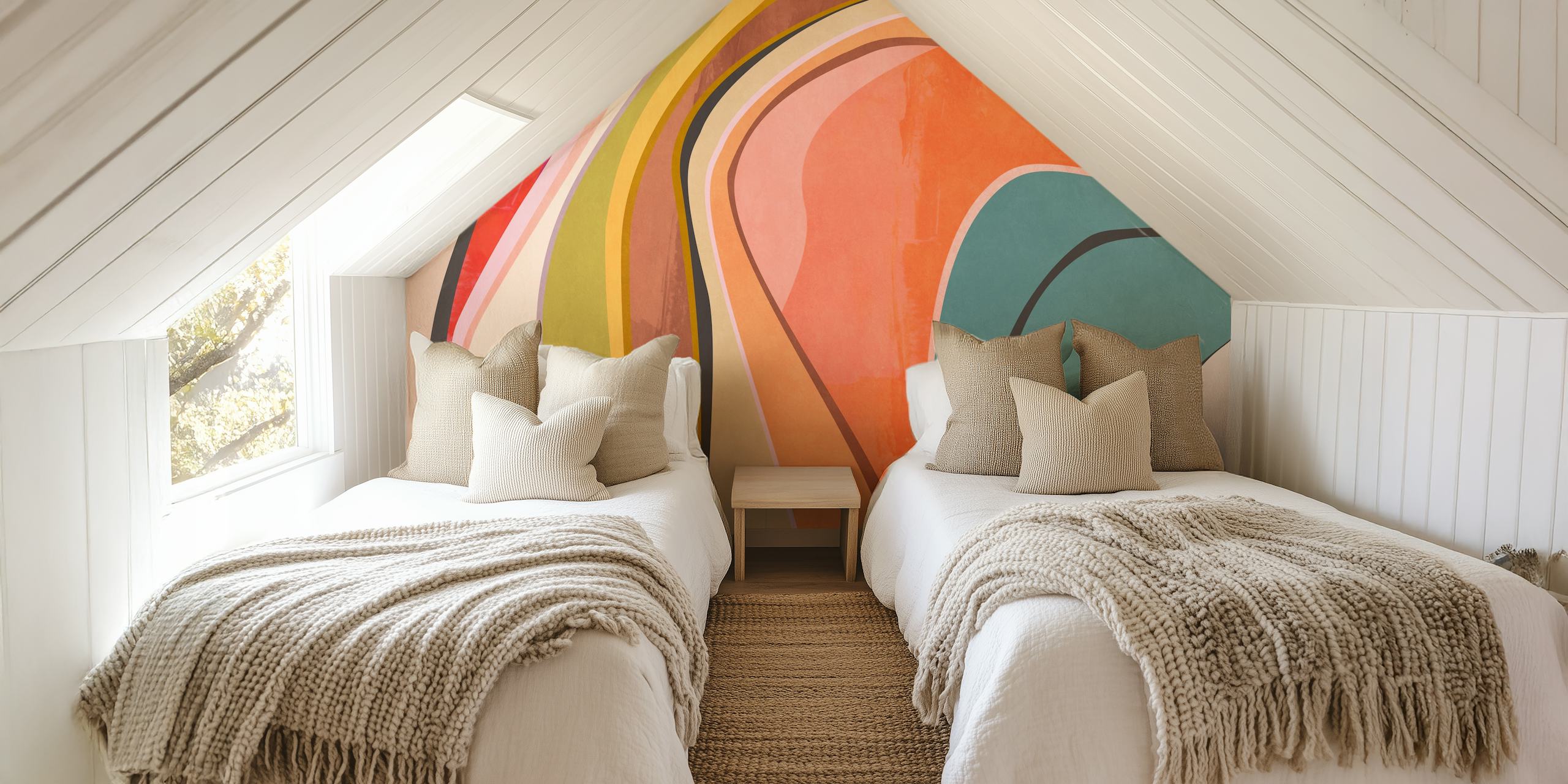 Colorful abstract wallpaper with soft curves in pink, teal, orange, and beige