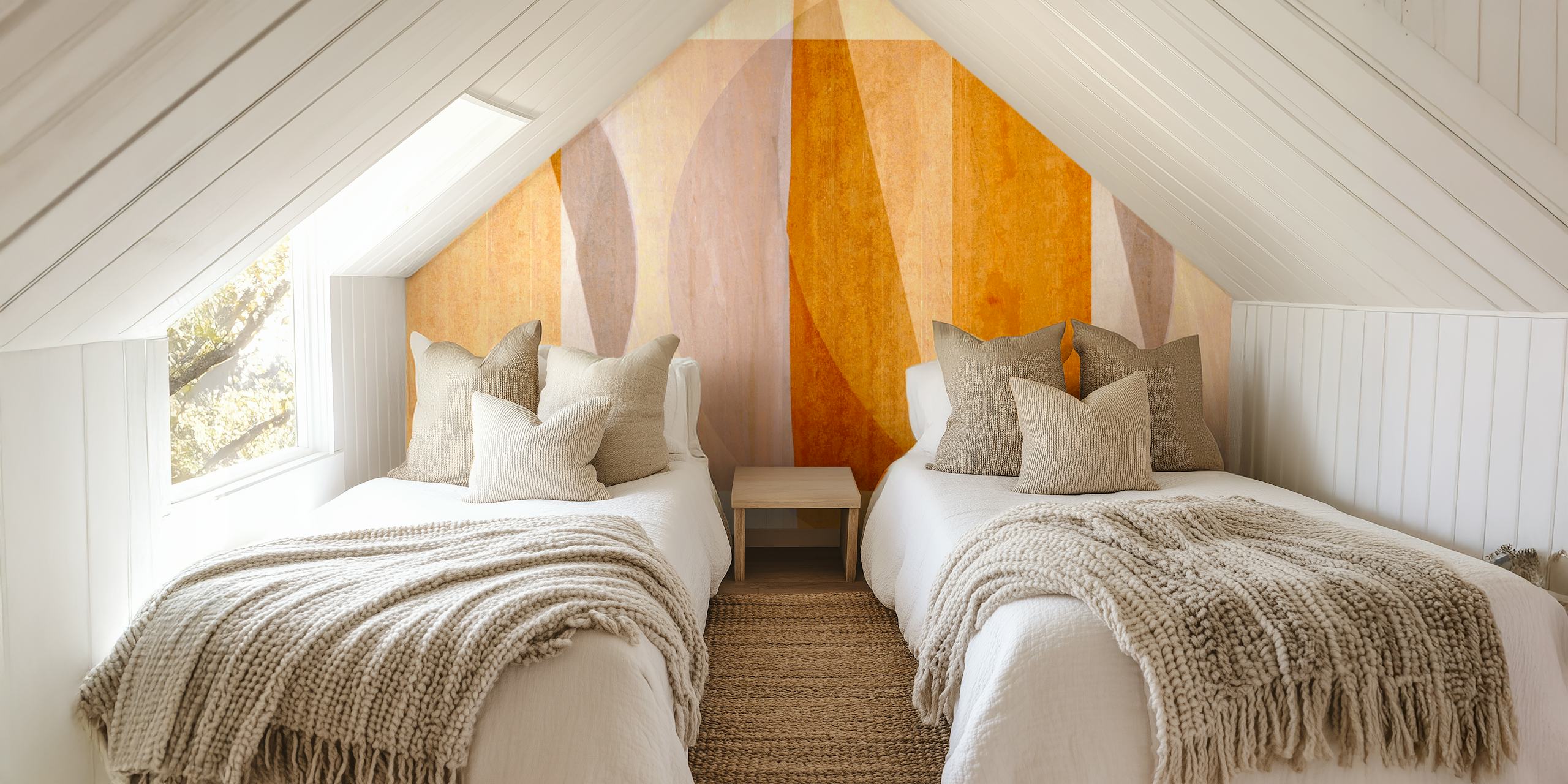 Geometric patterns in warm hues with brown and beige wallpaper