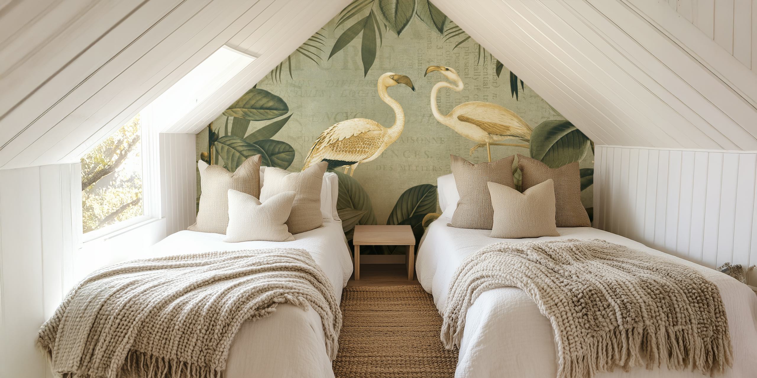 Vintage-inspirerad väggmålning med flamingos och tropiska blad över ett manusbakgrund.