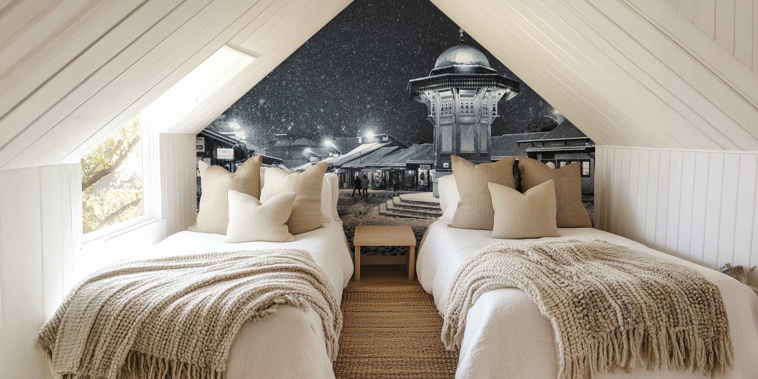 Black and white winter landscape with snow falling and city details wallpaper