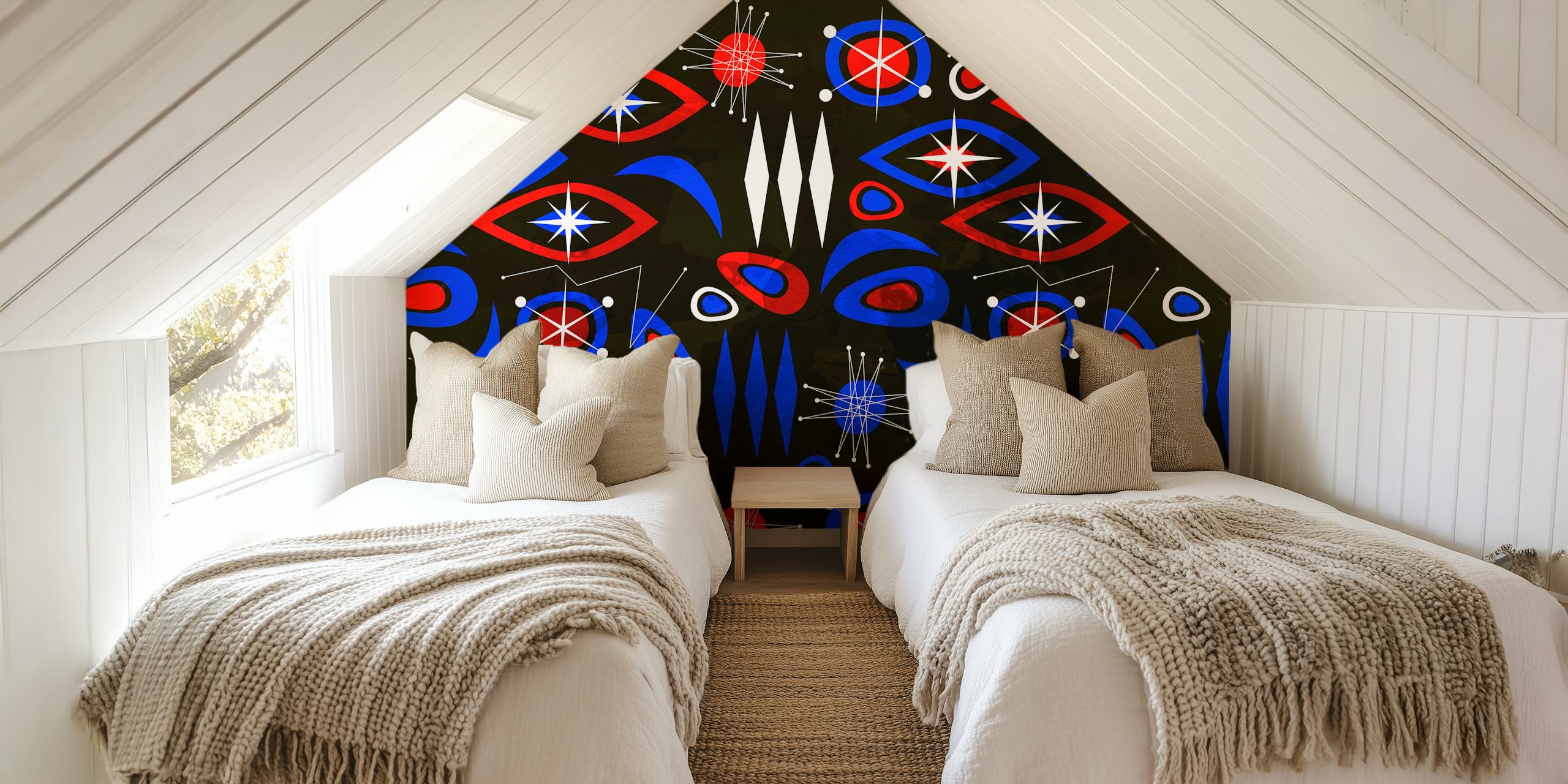 Mid century abstract geometric wallpaper in red, blue, and white