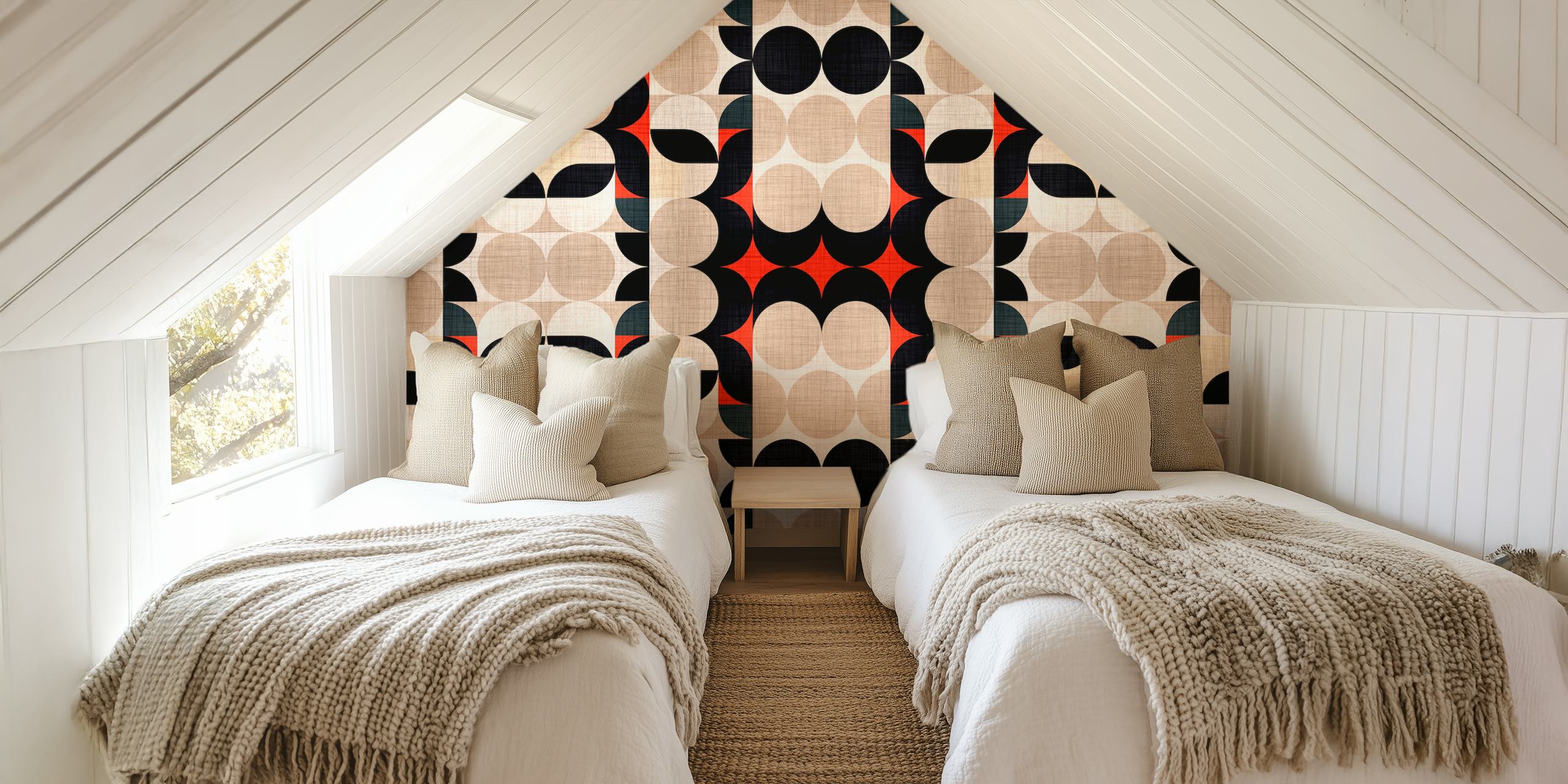 Bauhaus Fabric Pattern -seinämaalaus geometrisillä muodoilla ja rohkeilla väreillä