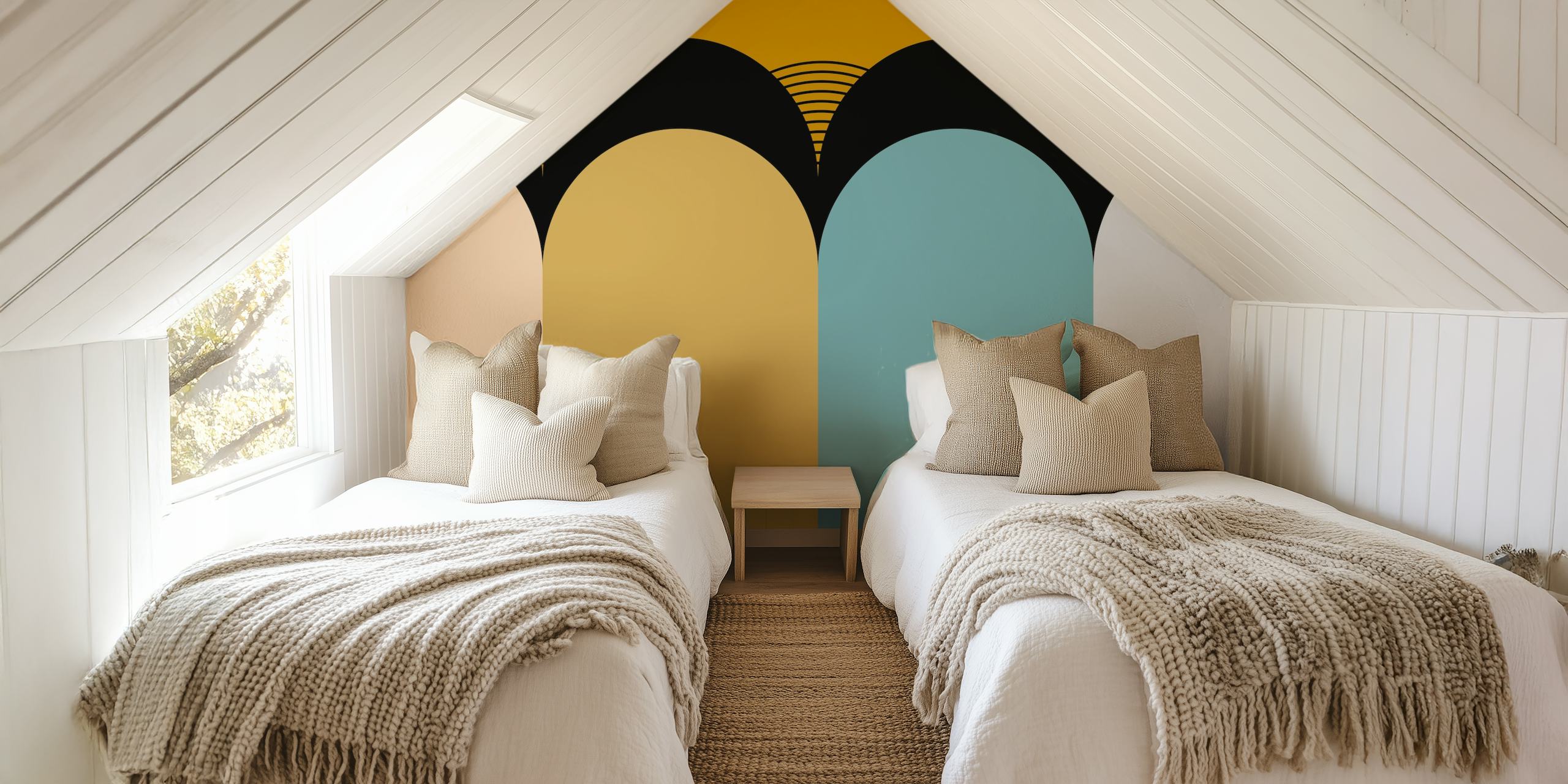 Geometric design with beige, gold, blue, and gray elements on wallpaper