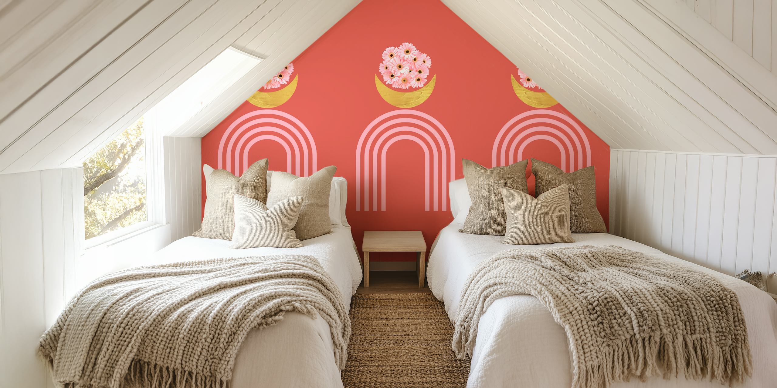 Pink daisy flowers in yellow bowls with rainbow arches wallpaper