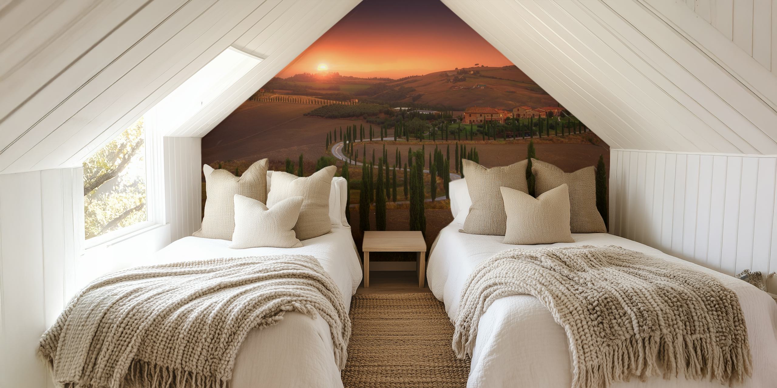Tuscany landscape with cypress trees and rolling hills at sunset wall mural