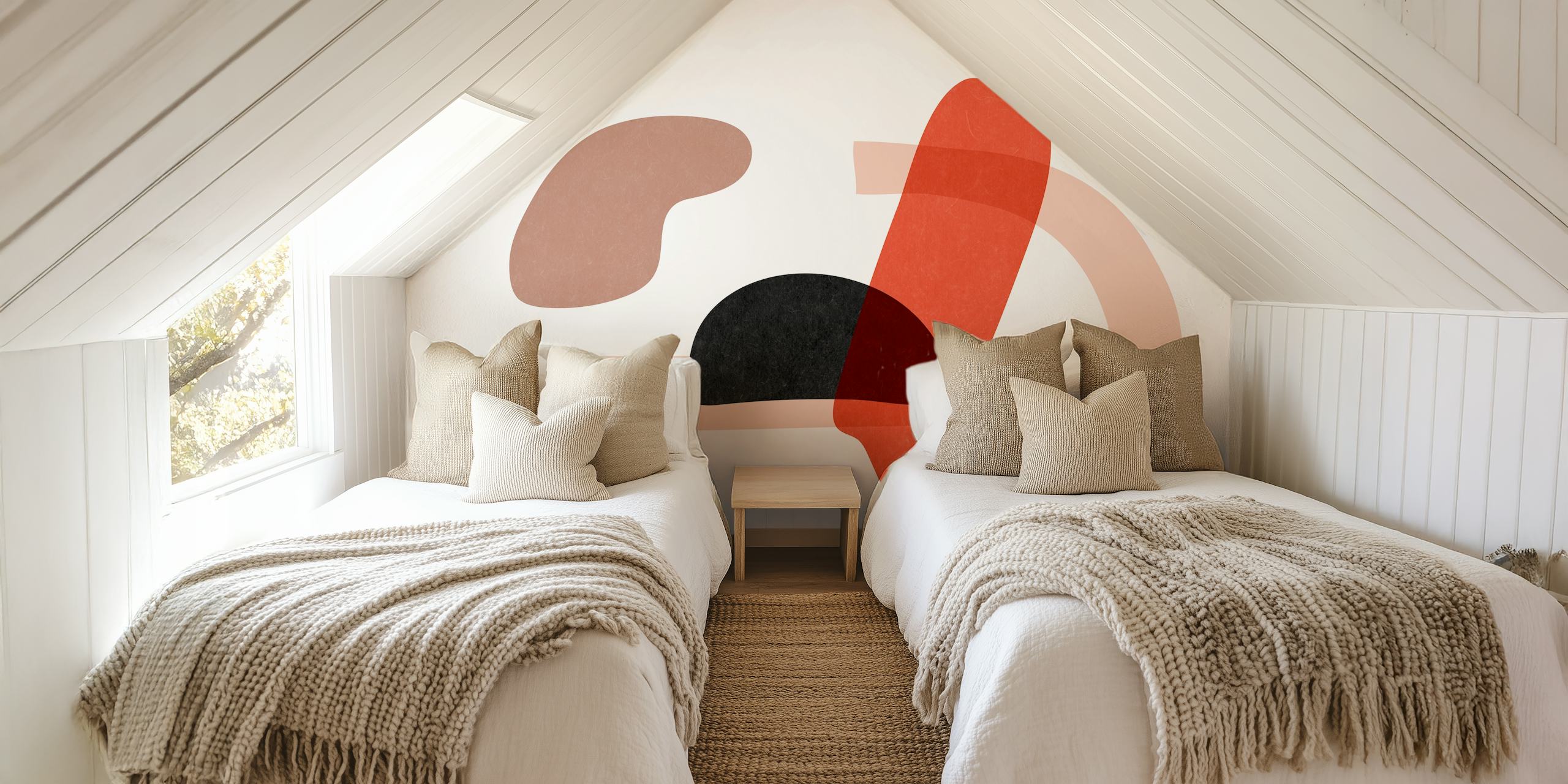 Abstracte, Japans geïnspireerde vormen in gedempte aardetinten muurschildering