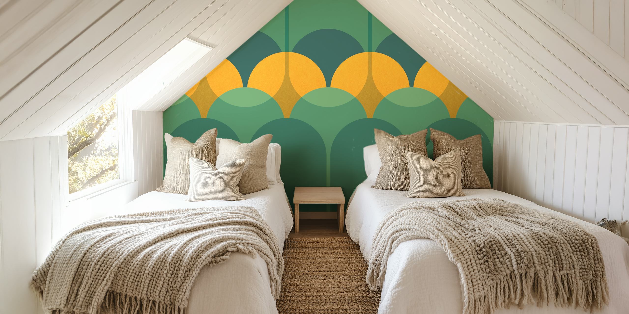 Art Deco inspired wall mural featuring geometric arches in green and mustard tones