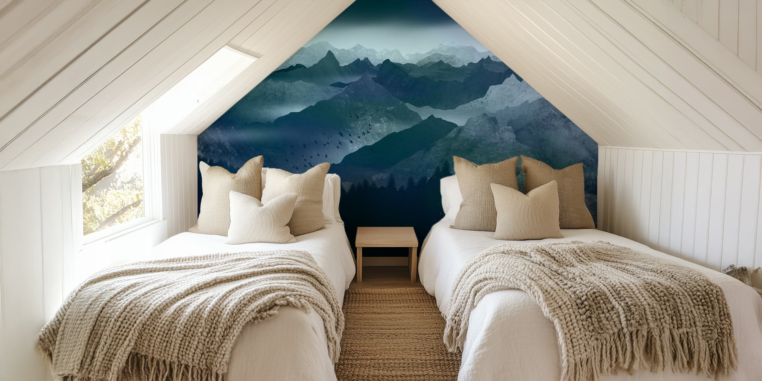 Dark blue mountain landscape wallpaper with silhouette trees