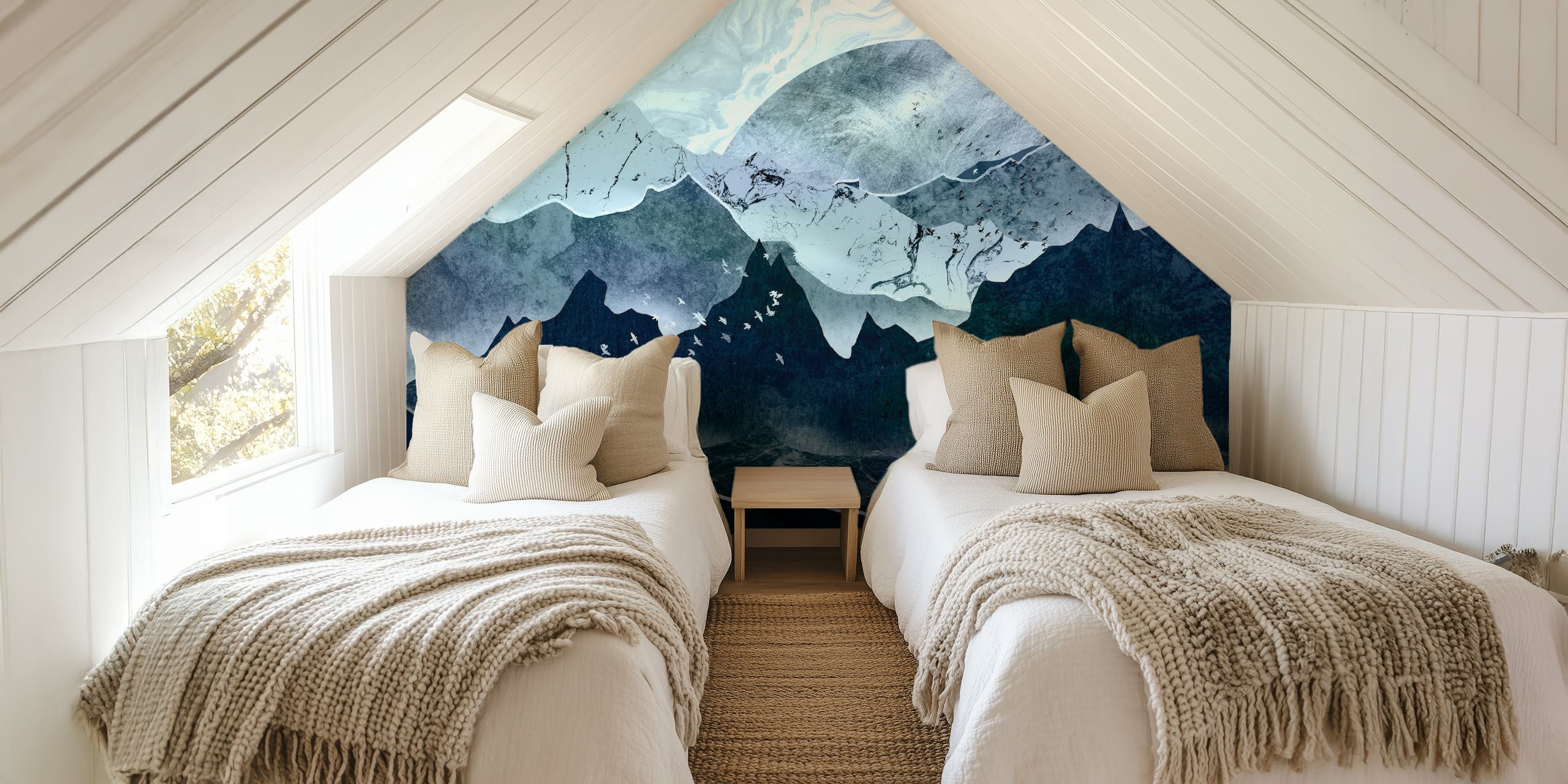 Blue mountains with white birds flying above wallpaper