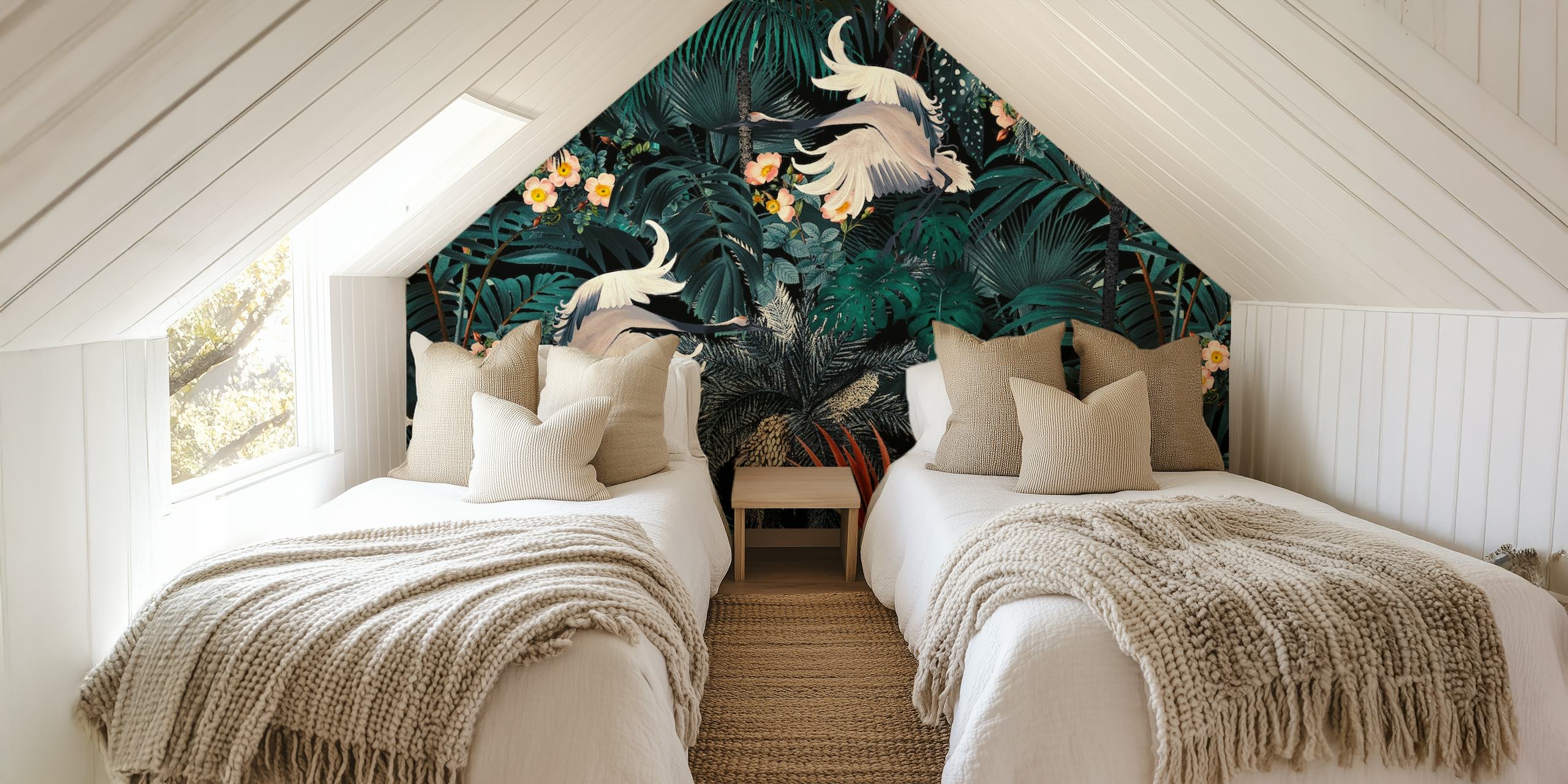 Papel pintado Bird Jungle en una habitación decorada