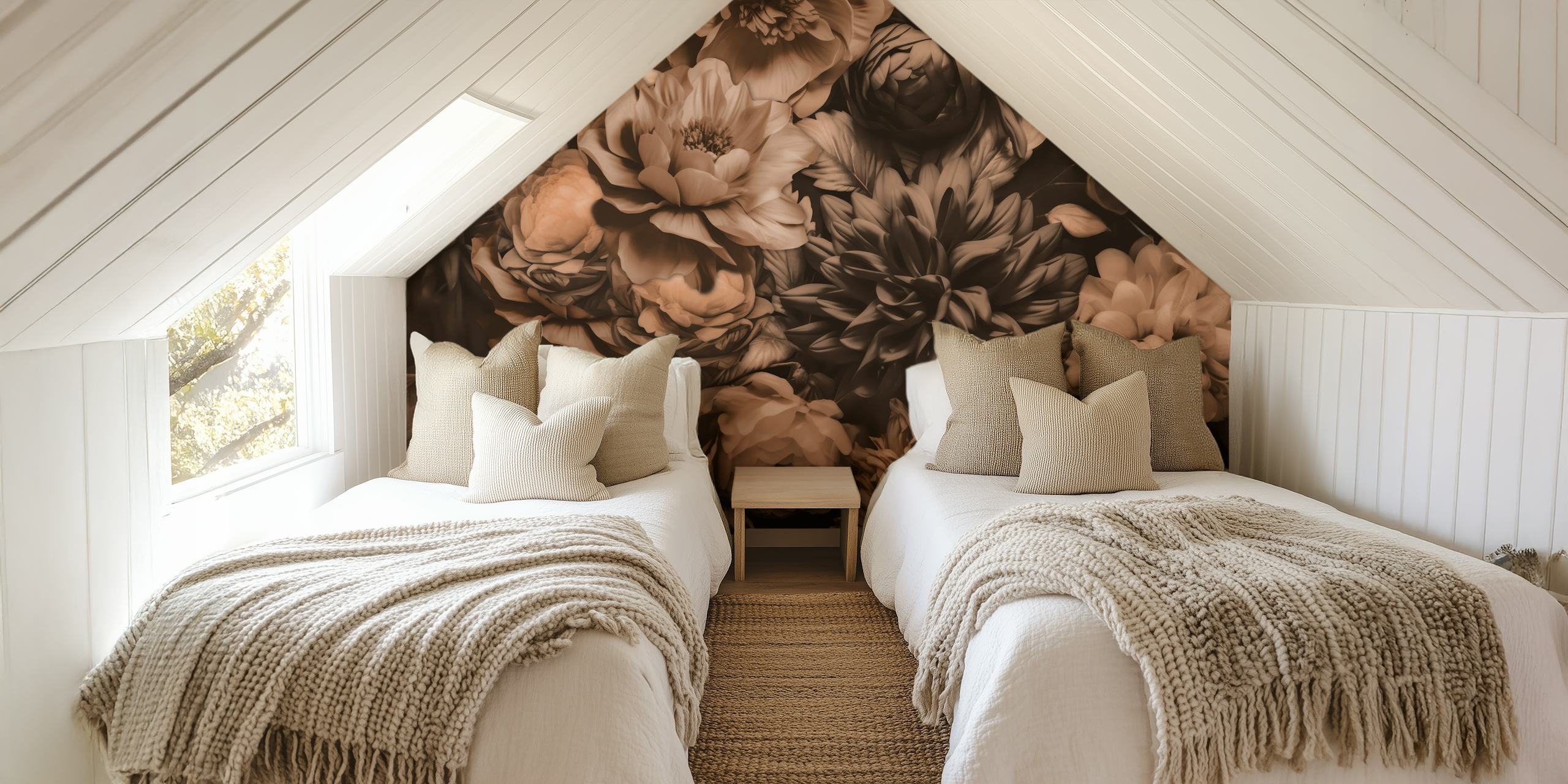 Sepia-toned wall mural depicting opulent baroque floral pattern for interior design