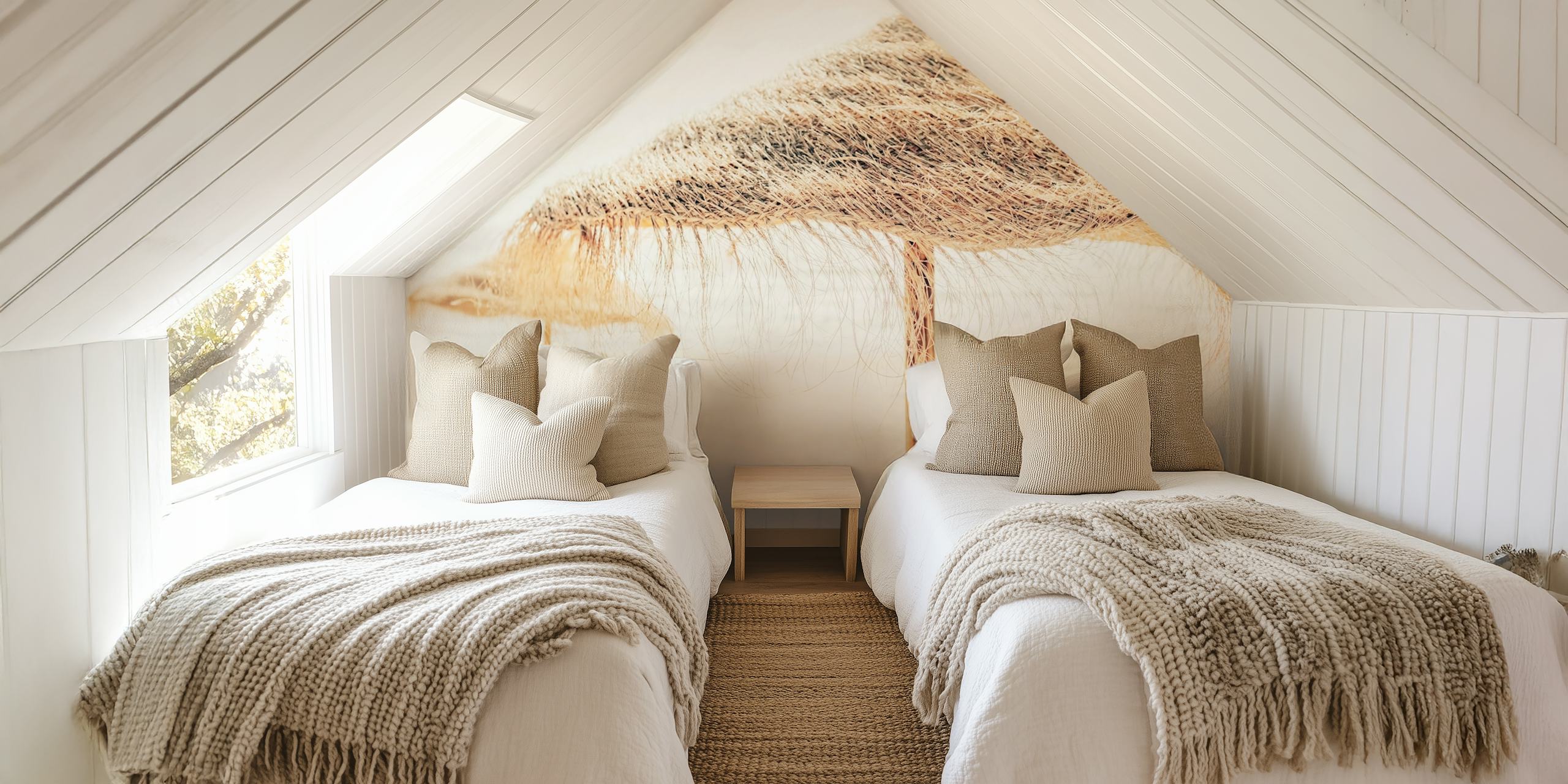 Beach straw umbrellas on warm sand; light natural tones wallpaper
