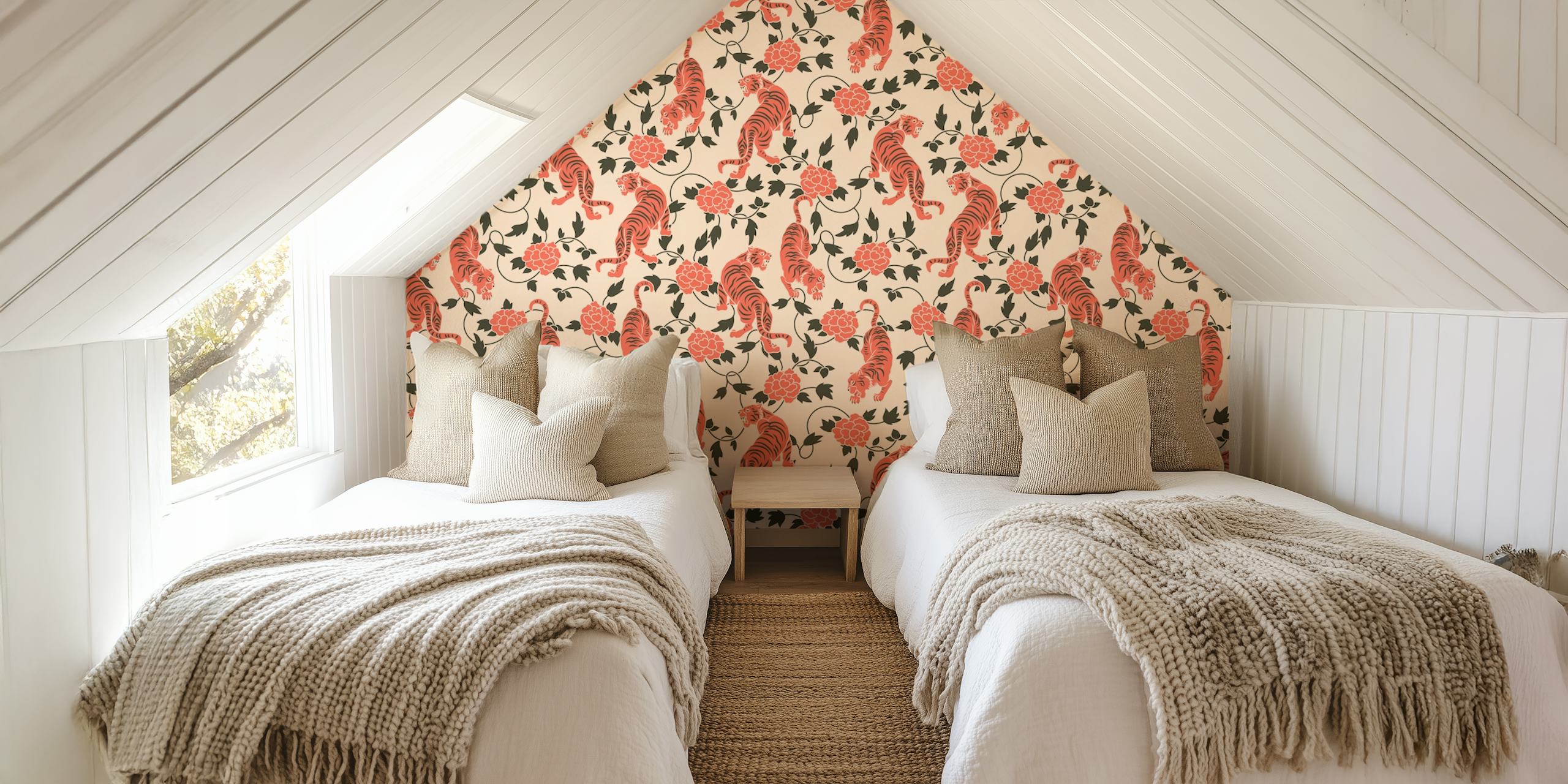 Vintage muurschildering in Chinese stijl met tijgers en bloemen op een romige achtergrond