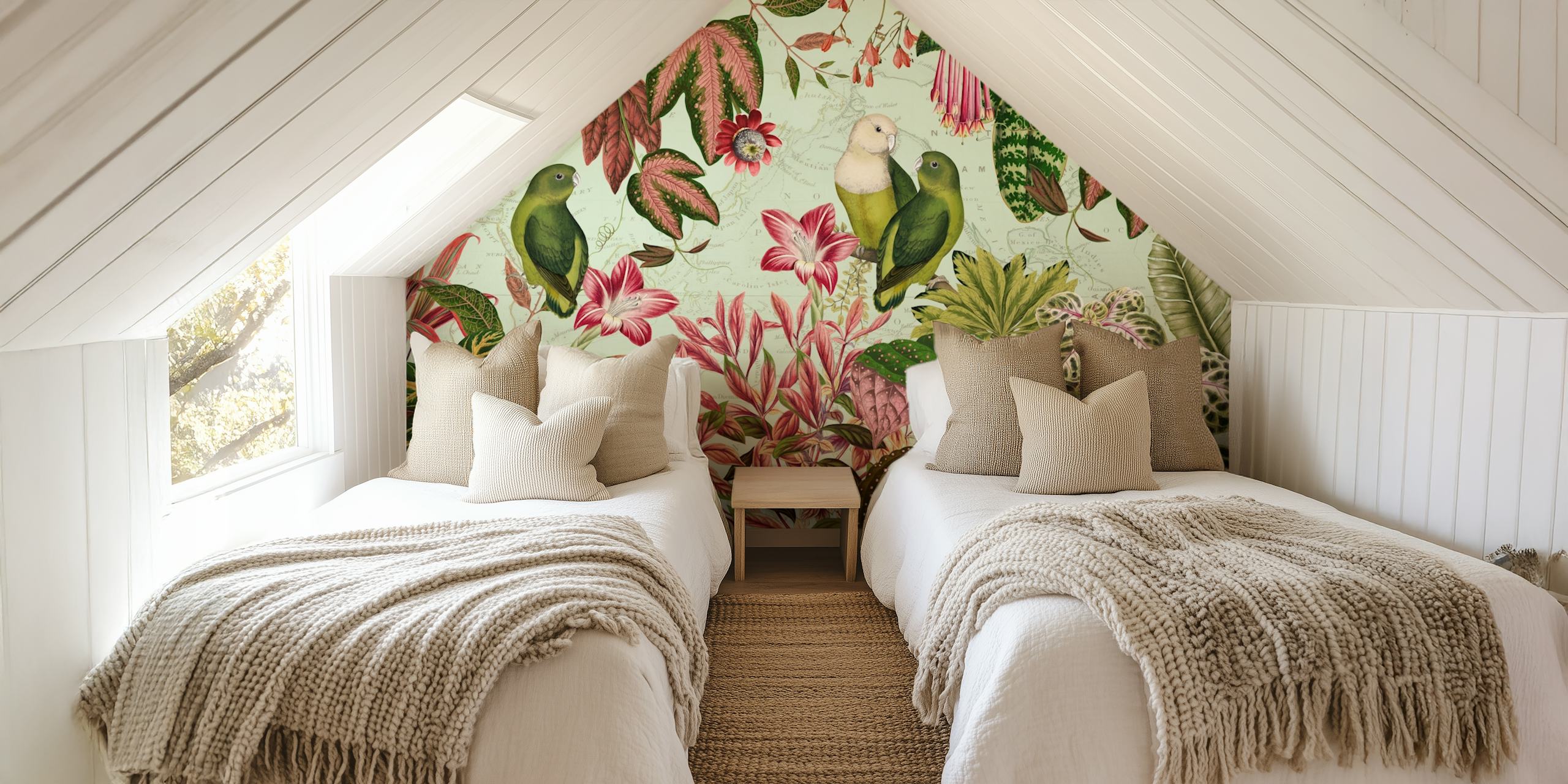 Exotic rainforest wallpaper med tropical parrots
