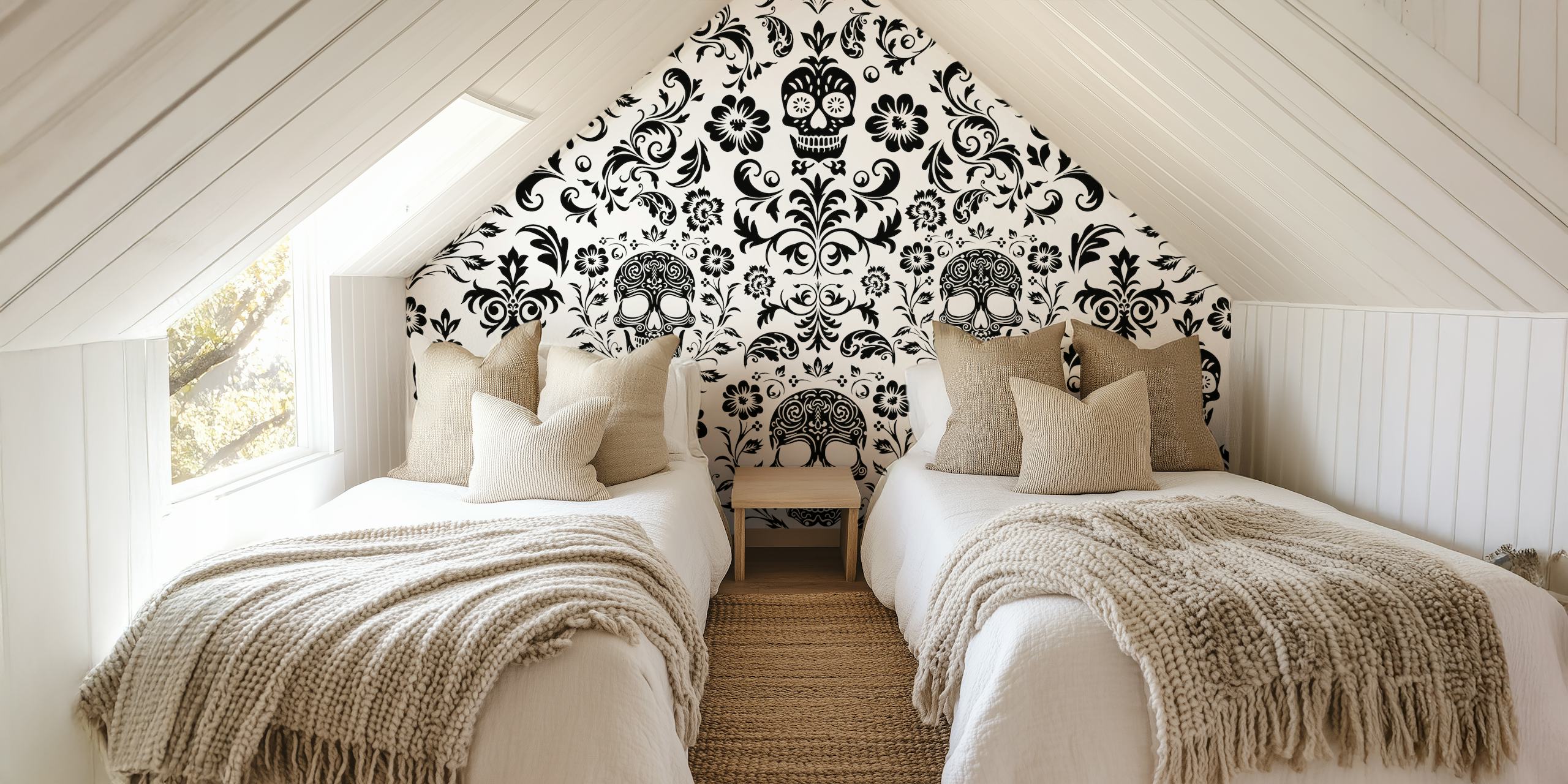 Mystical Macabre Damask wall mural in black and white with skull motifs and floral patterns