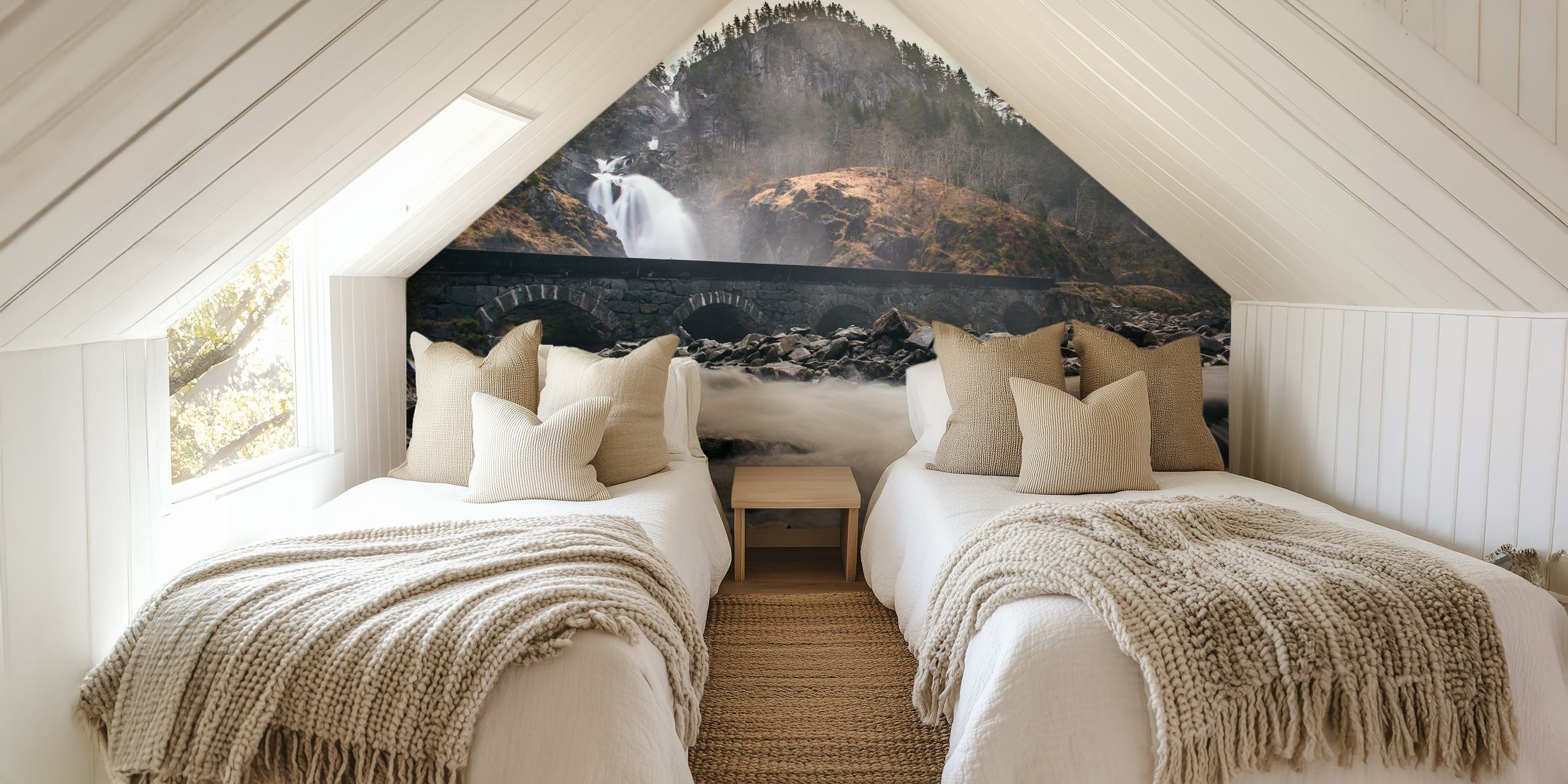Misty waterfall and craggy peaks wall mural