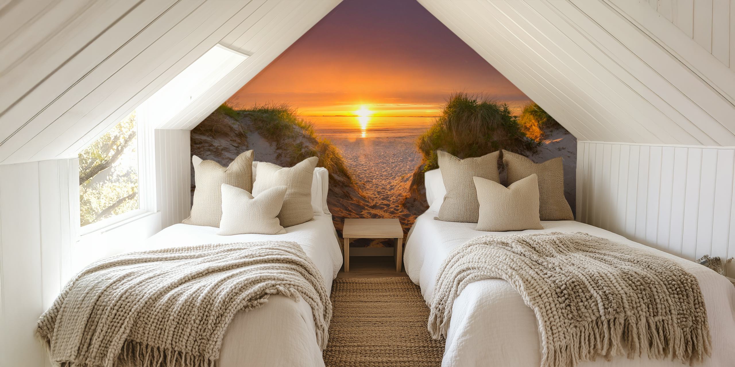 Sunset beach wall mural with sandy pathway leading through dunes to the sea