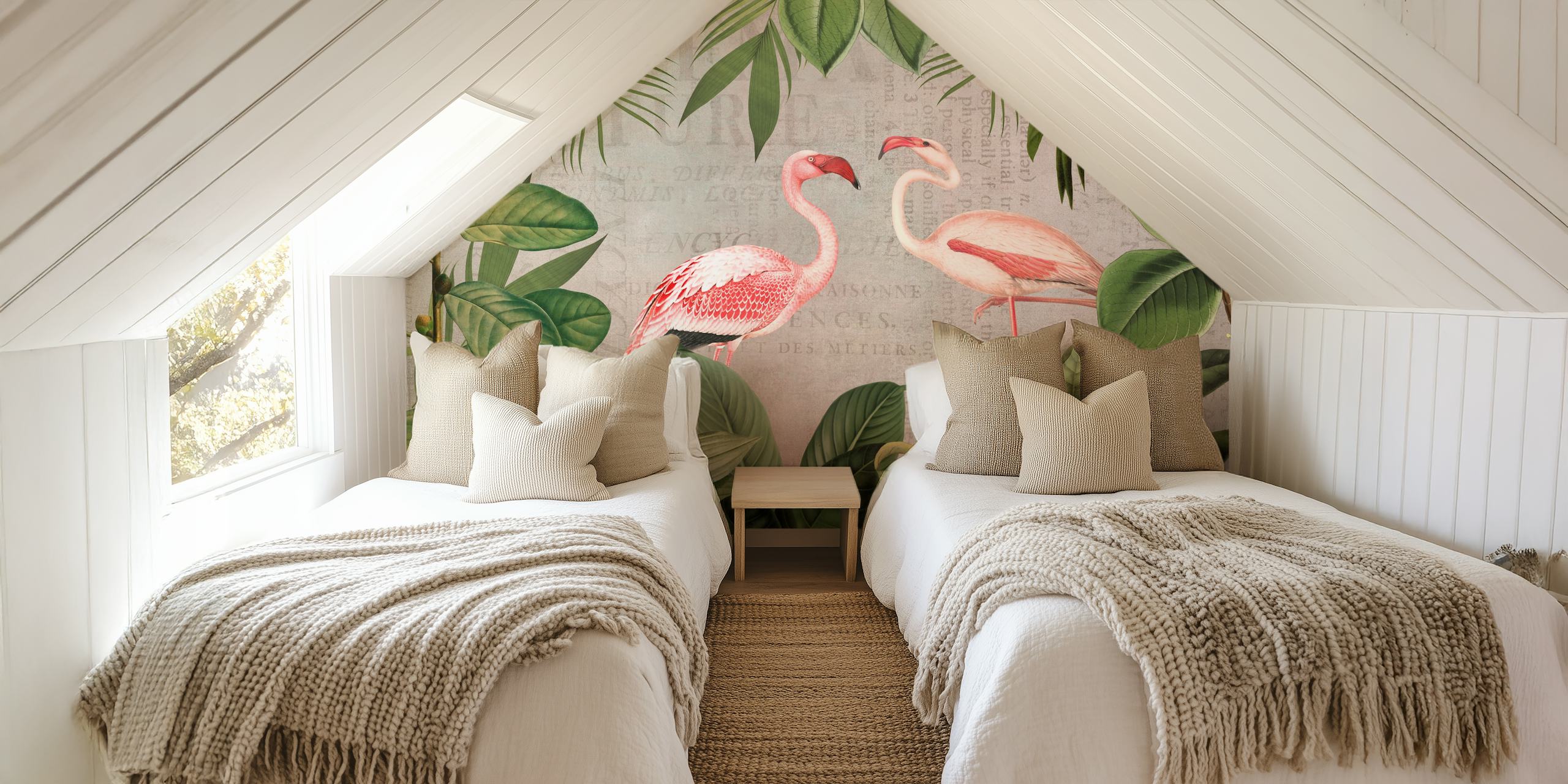 Vintage flamingo wallpaper design with greenery