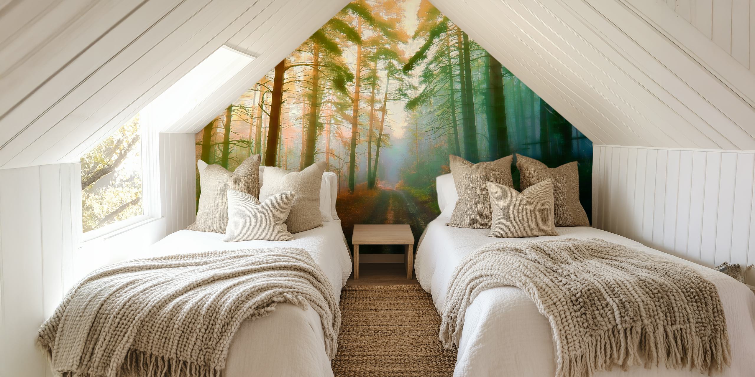 Fototapeta mglista leśna ścieżka ze światłem słonecznym przepływającym przez drzewa