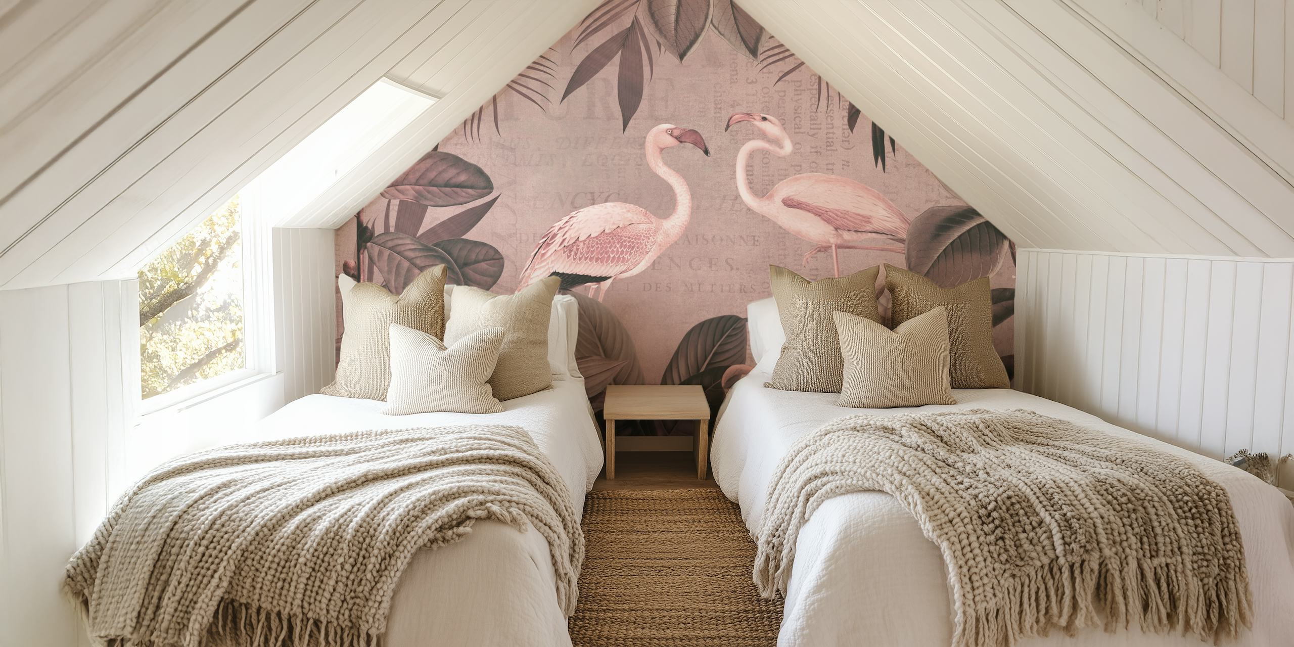 Sepiakleurige vintage flamingo en tropische bladeren muurschildering met ouderwetse typografie
