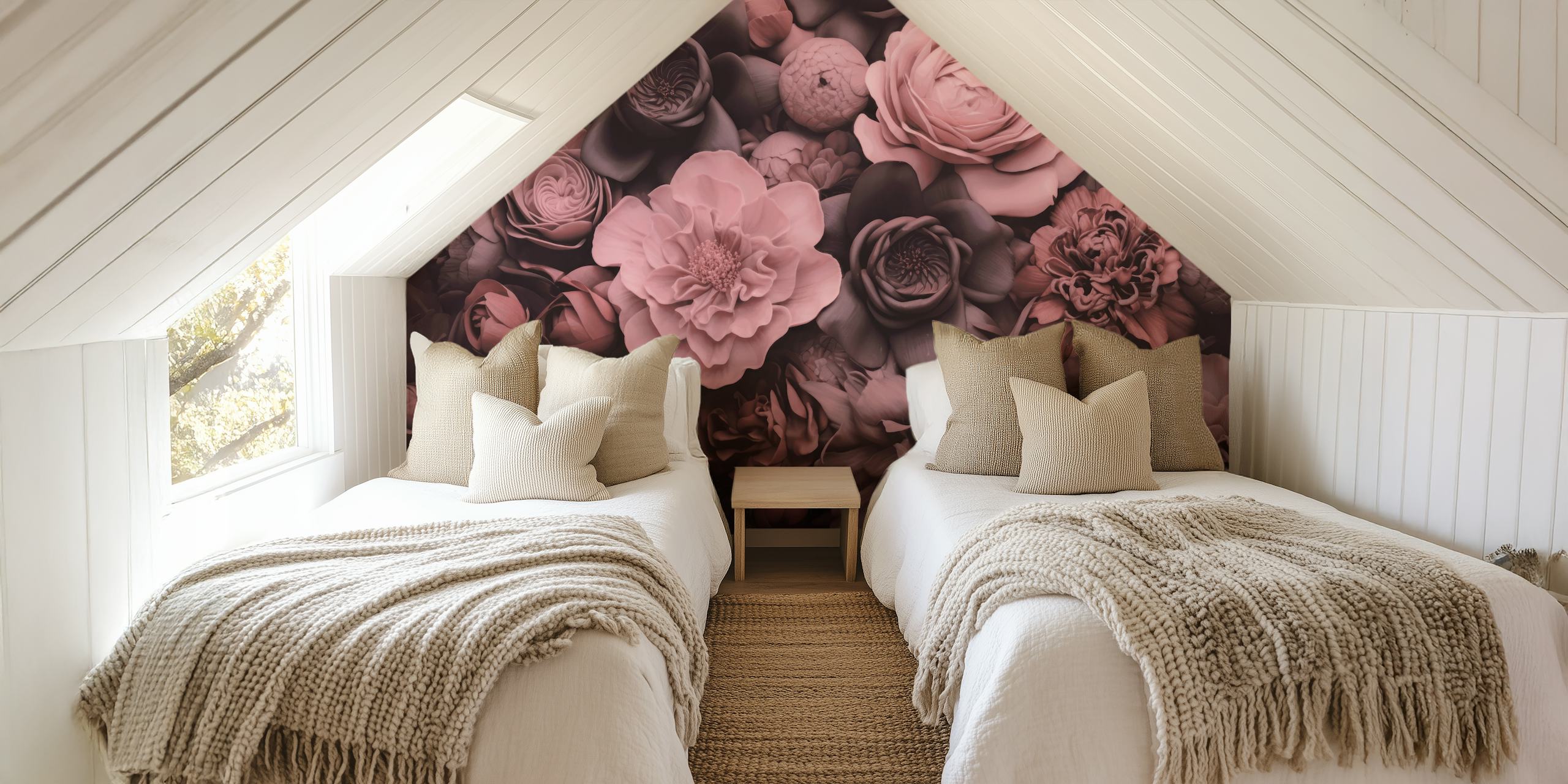 Opulent Baroque Flowers wall mural with a dusty pink moody botanical art design