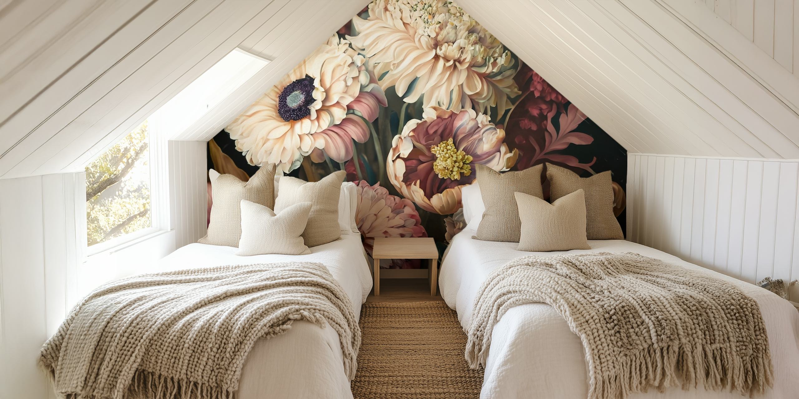 Large floral composition in soft colors on black wallpaper