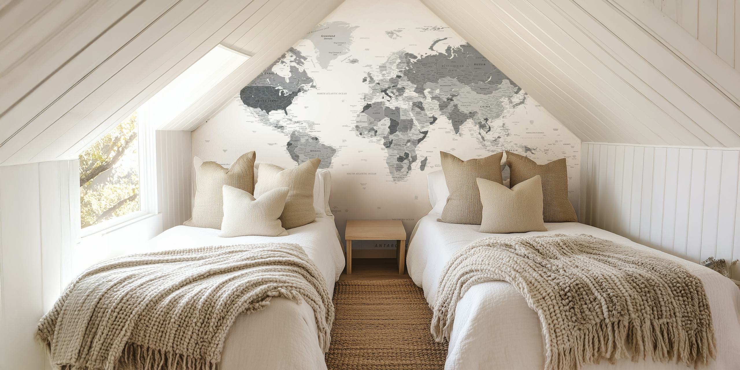 Grey world map wallpaper in a room