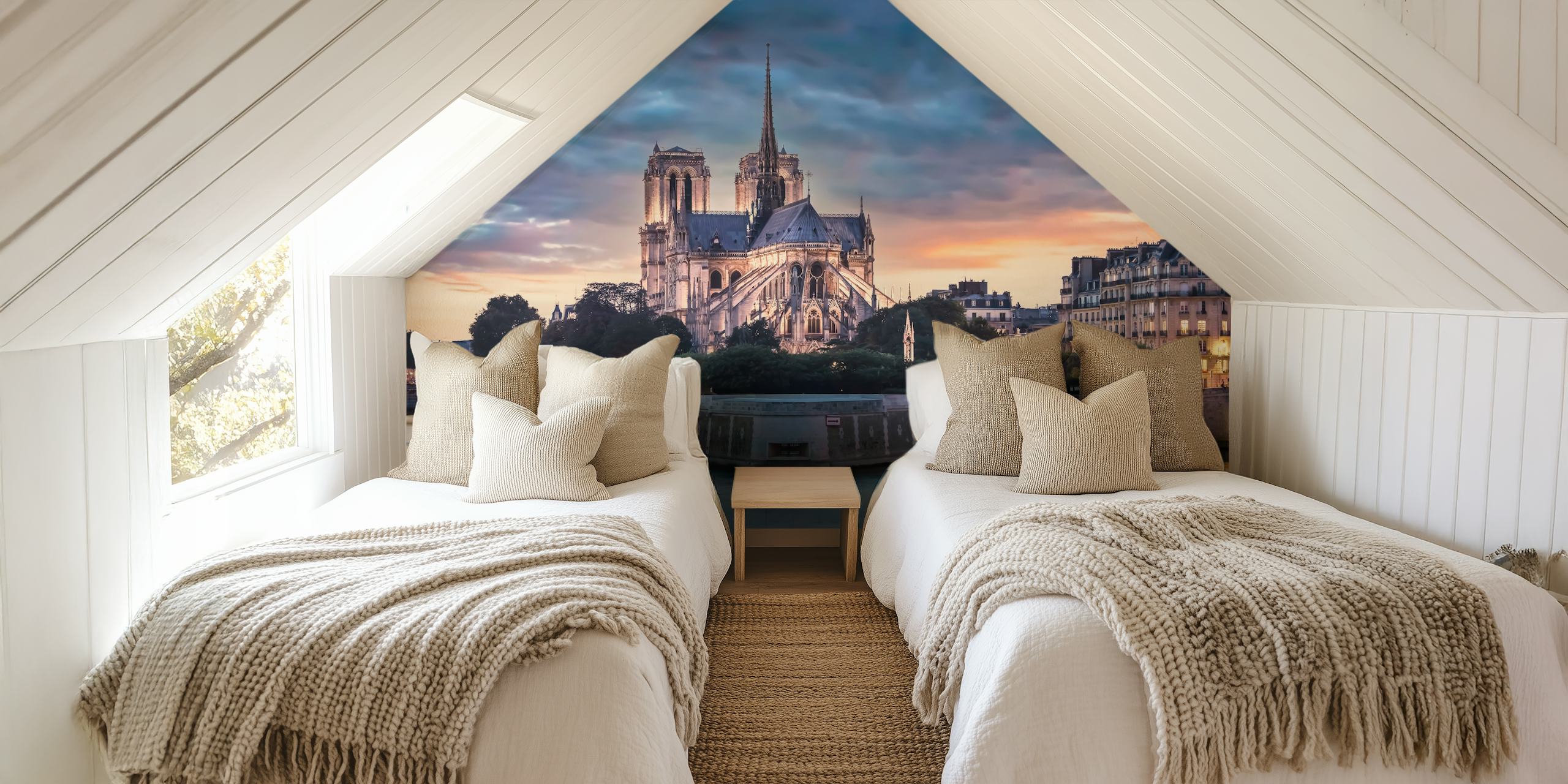Design de papel de parede Cathedral of Paris em um quarto