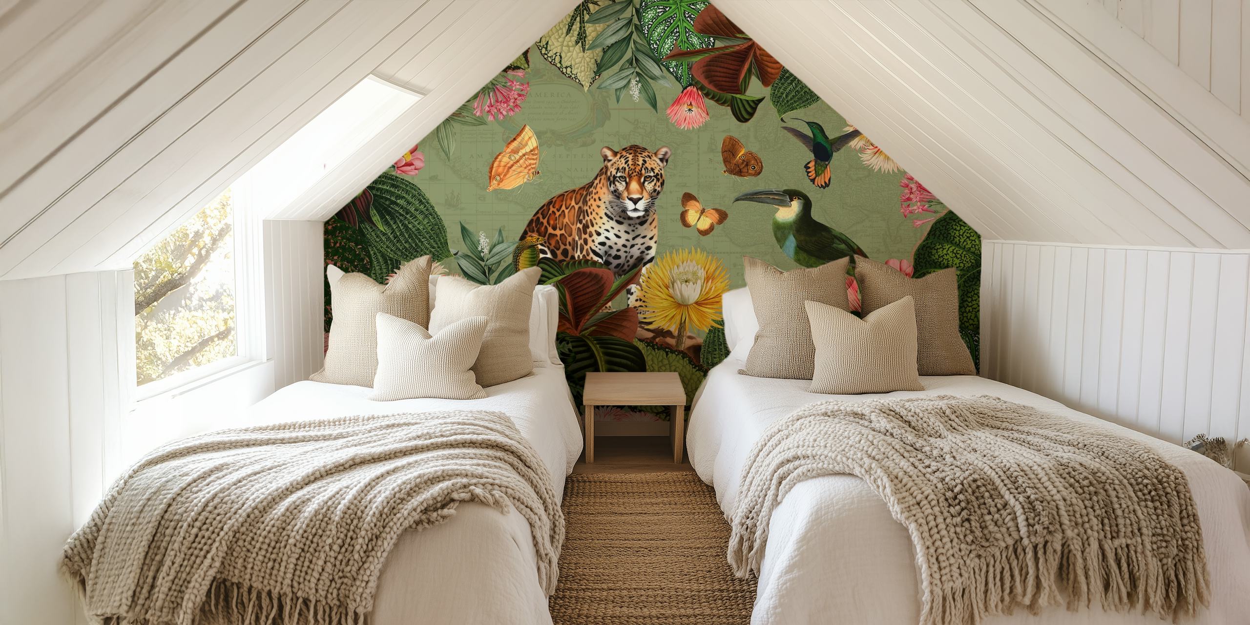 Tropical jungle scene with a leopard, toucan, and vibrant flowers, green wallpaper