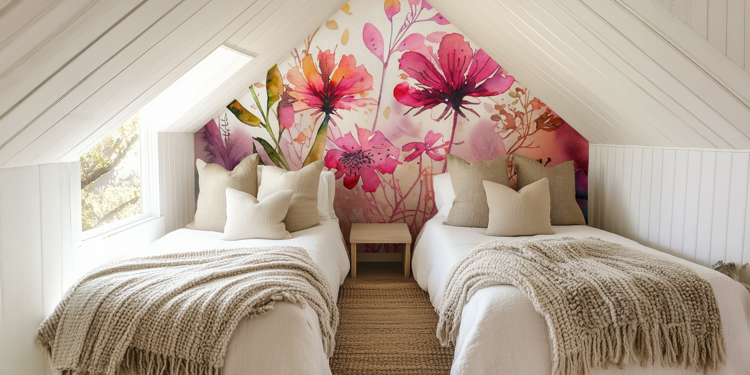 Floral abstract watercolor wallpaper in a room