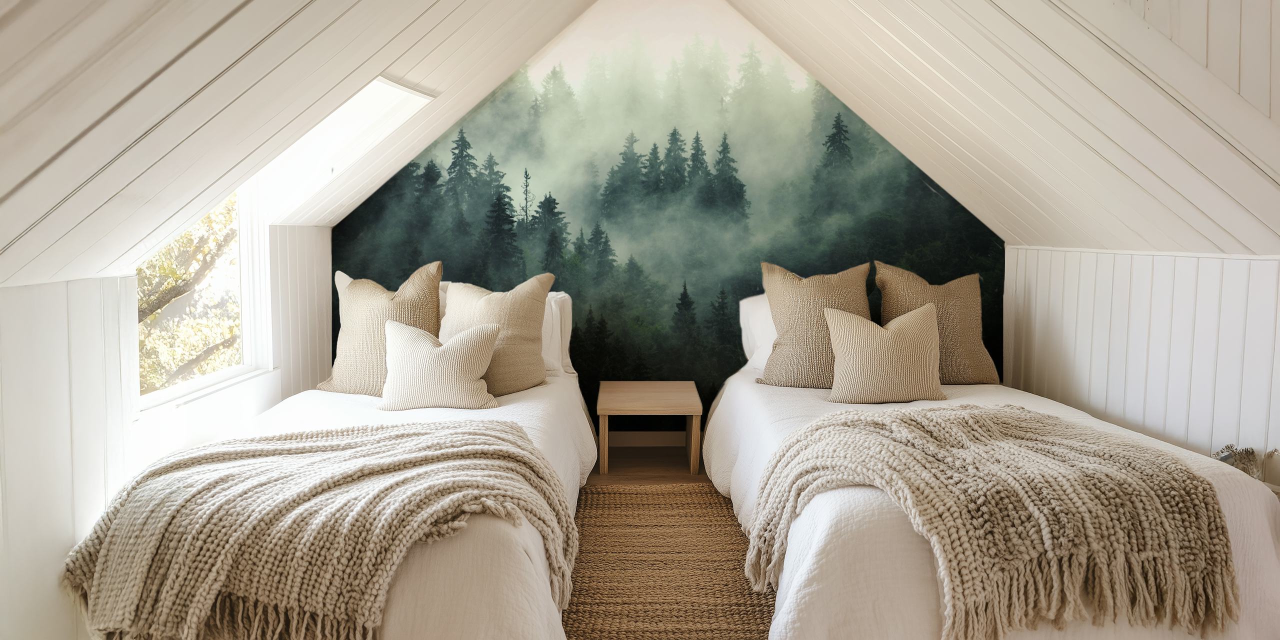 Misty forest scene with tall evergreen trees and fog wallpaper