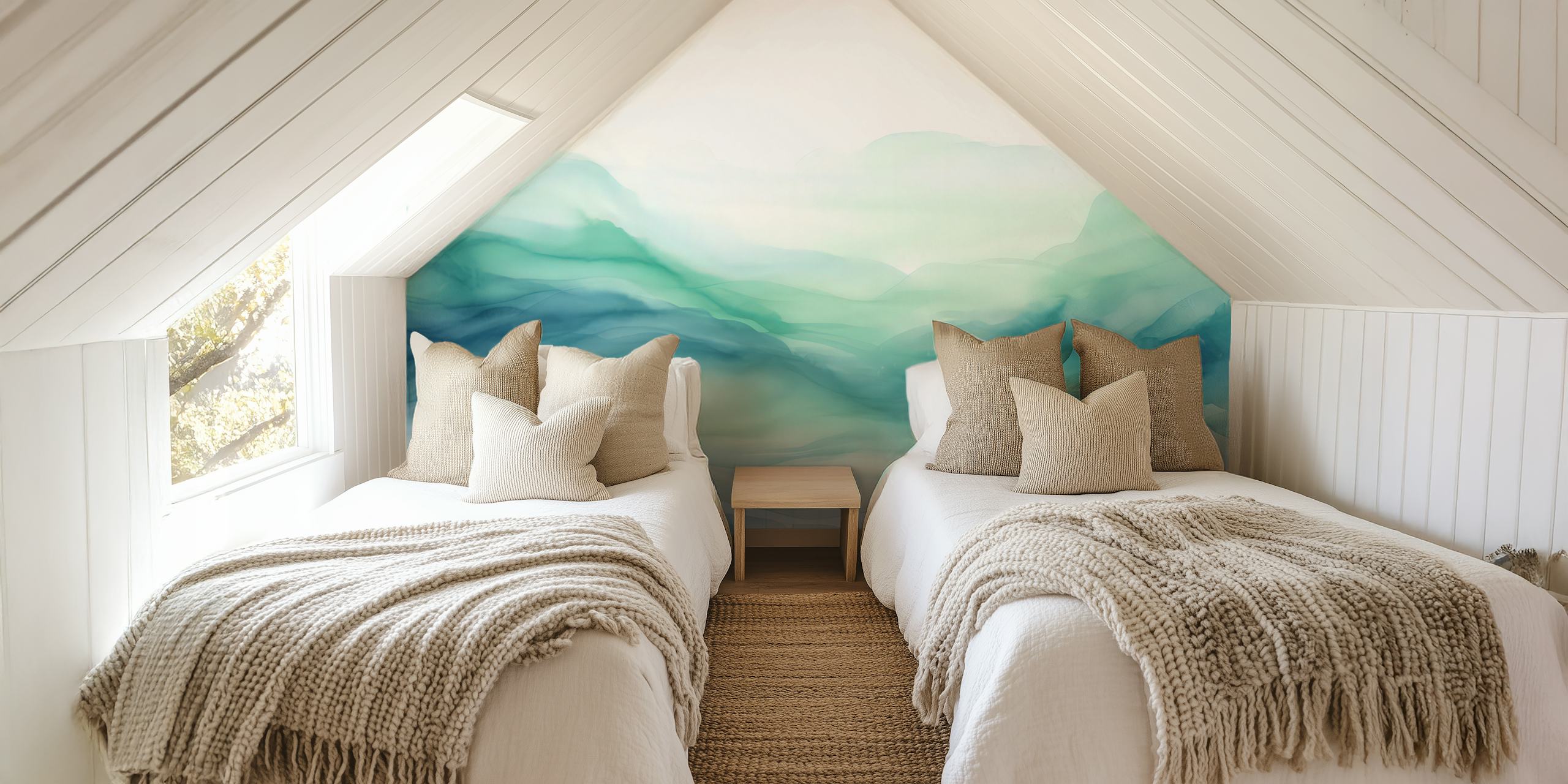 Soft blue and green layered watercolor hills wallpaper