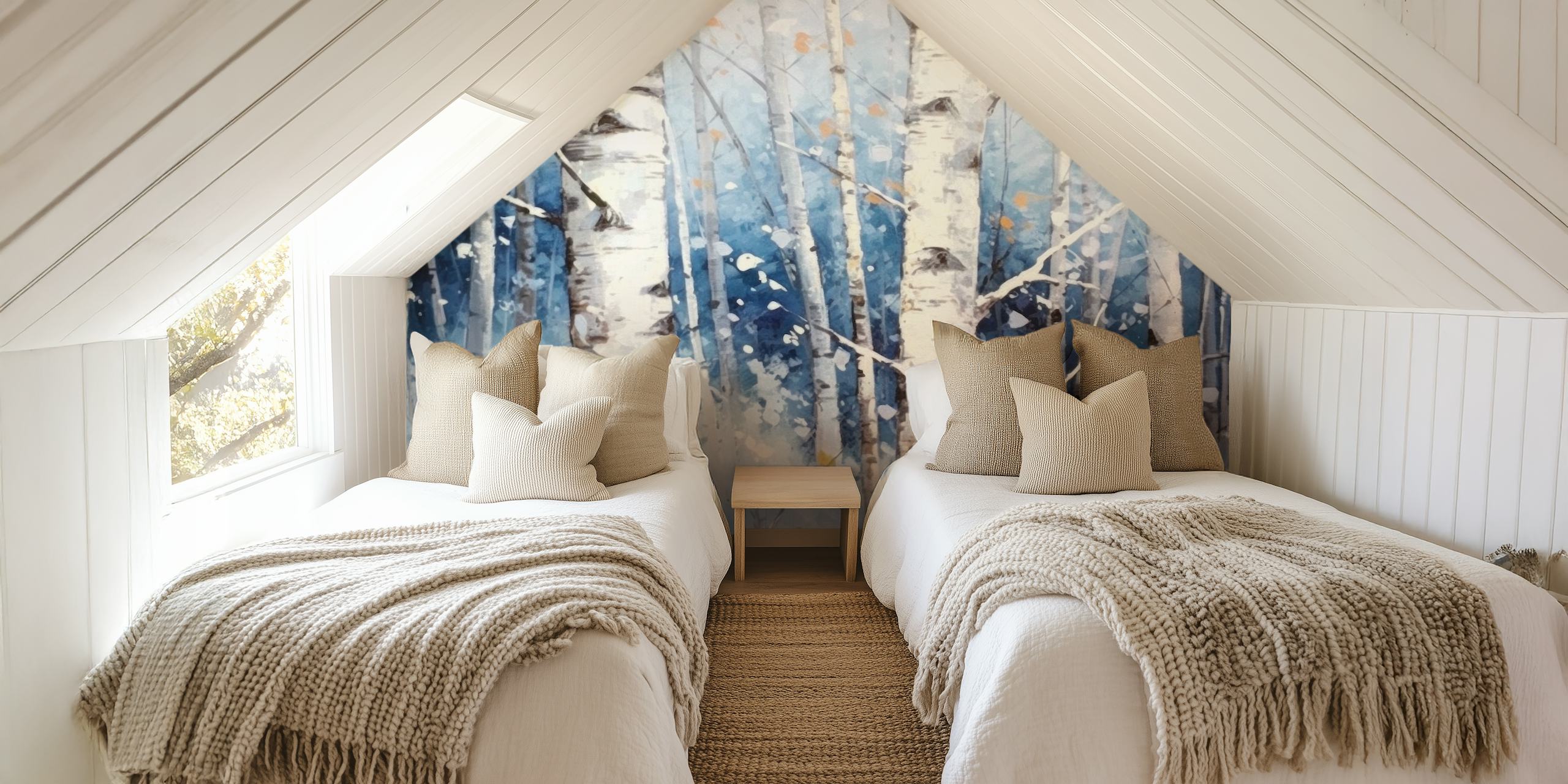 Snowy birch trees wallpaper in a room