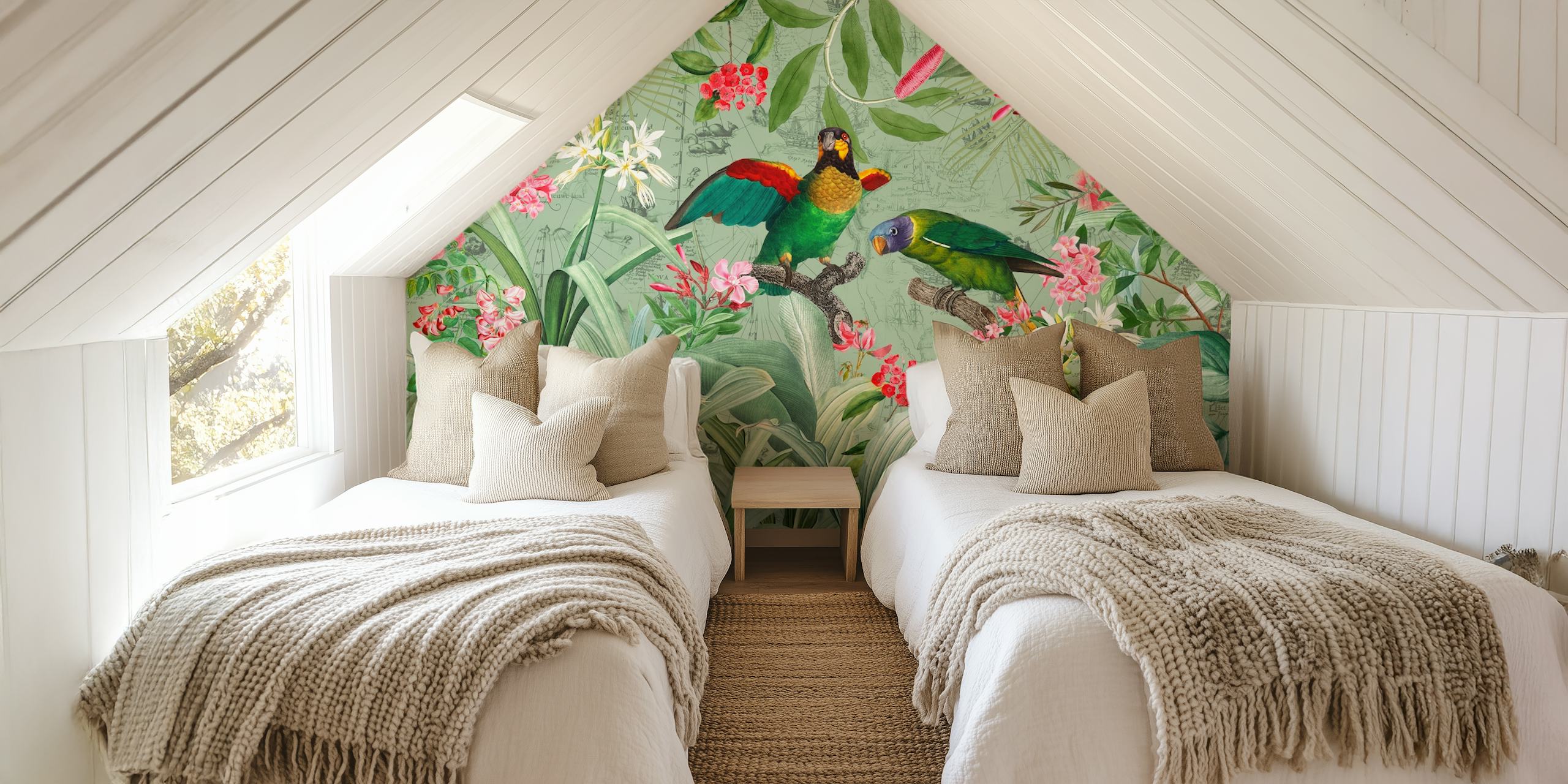 Colorful Parrots I en floral tropisk design