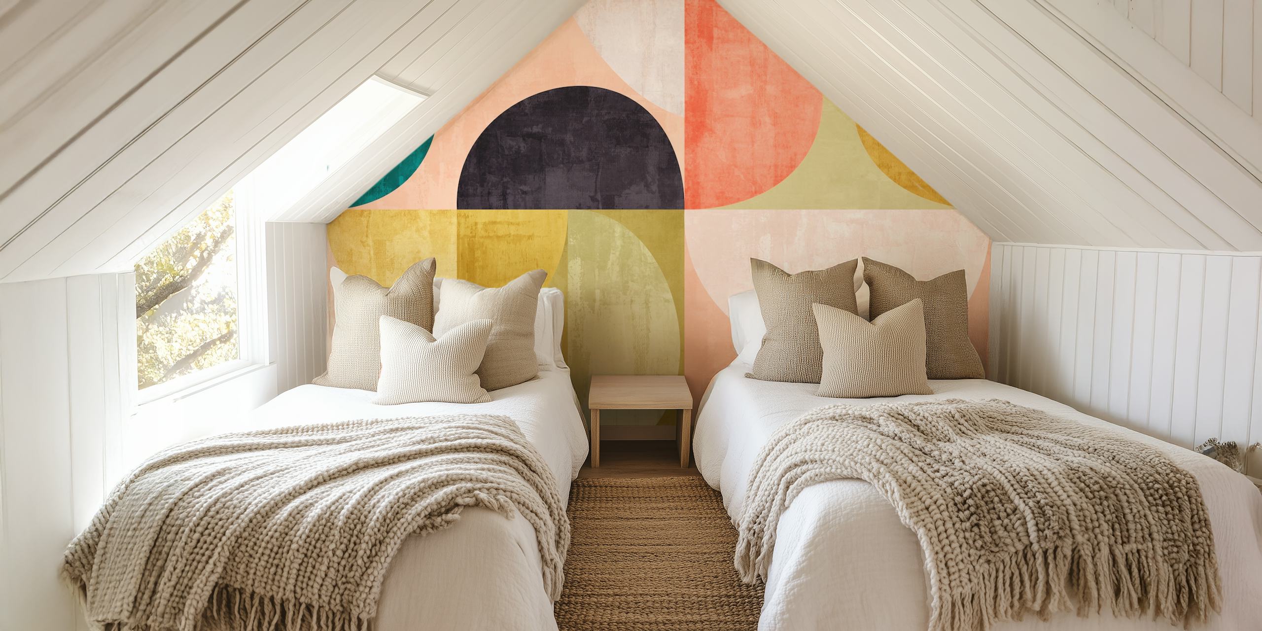Abstract colorful wall mural with geometric shapes in teal, coral, mustard, and charcoal