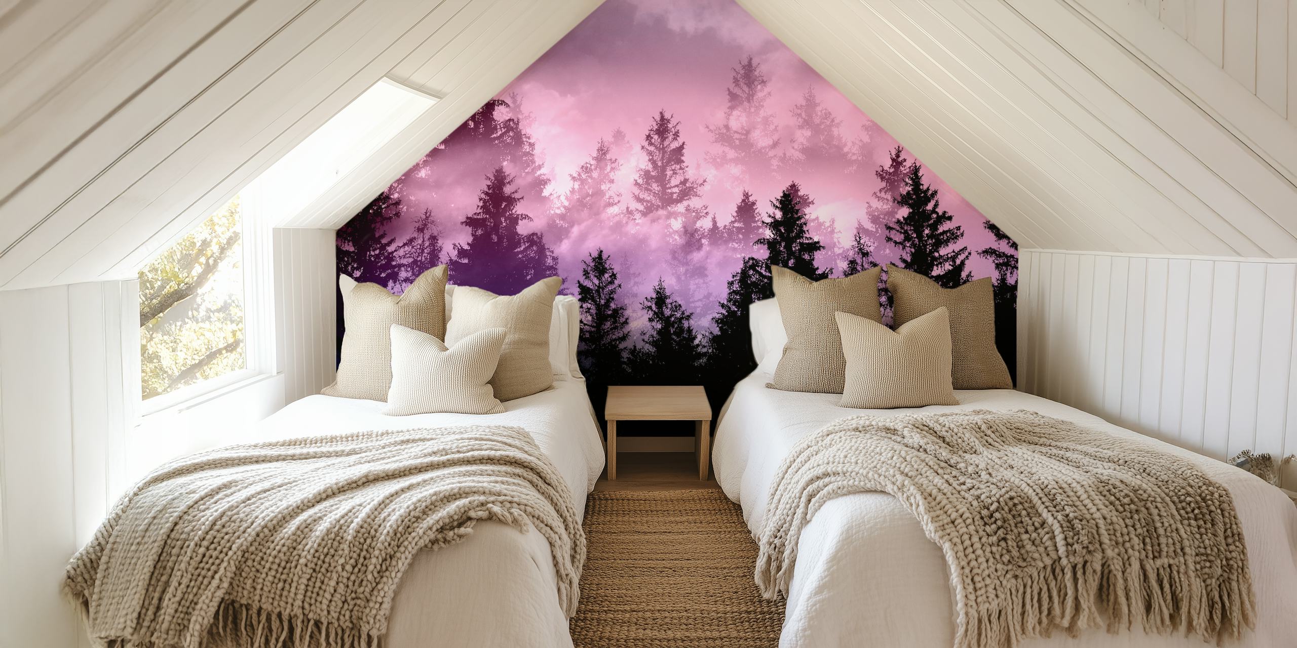 Mystical forest silhouette in purple mist wallpaper
