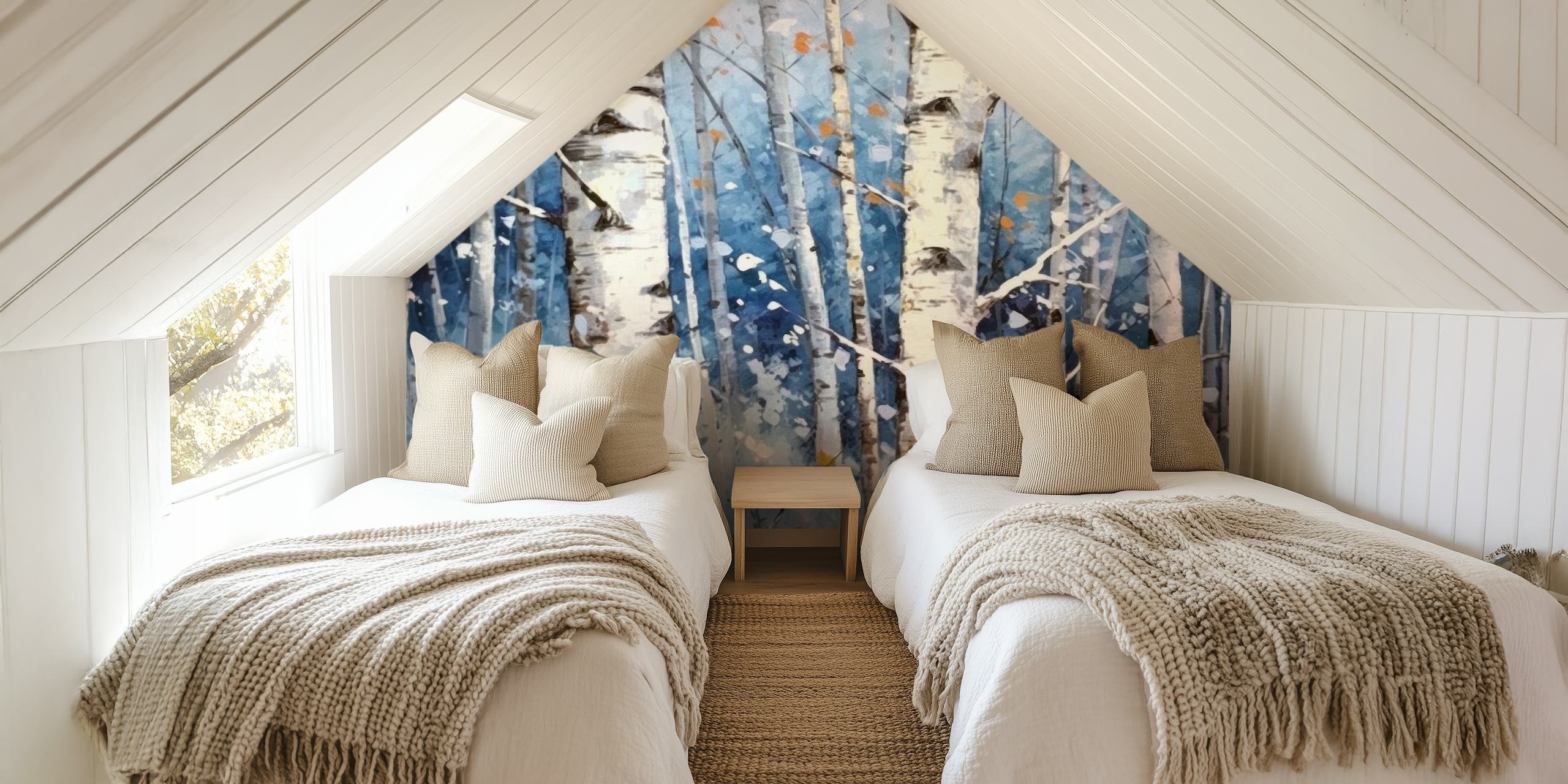 Snowy birch forest wallpaper displayed in a room