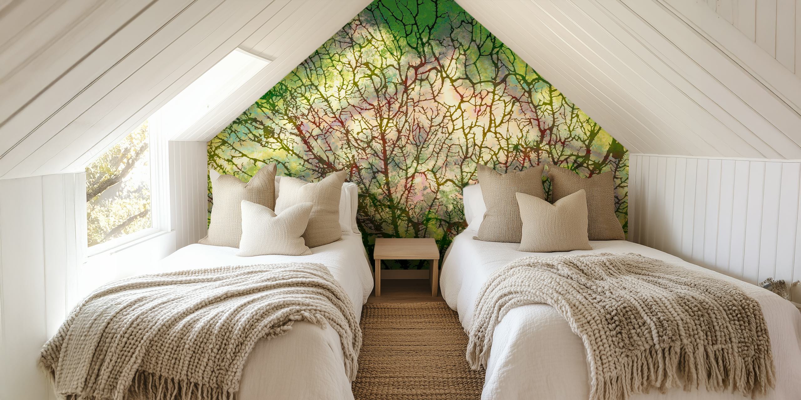 Green tree branch pattern on light background wallpaper