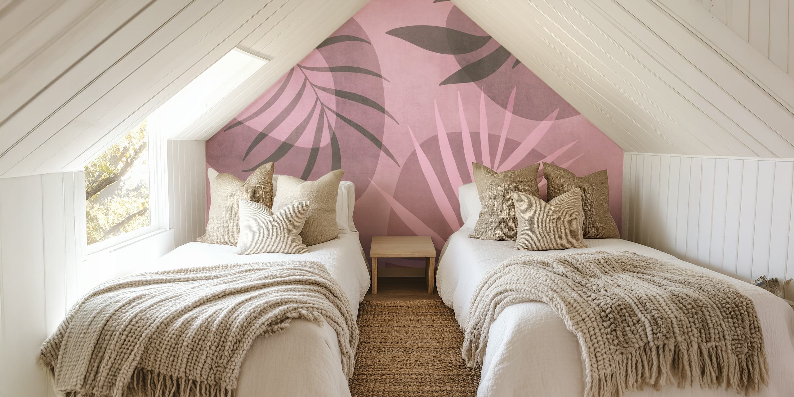 Dusty pink wallpaper with tropical palm leaf patterns in dark green and soft pink hues.