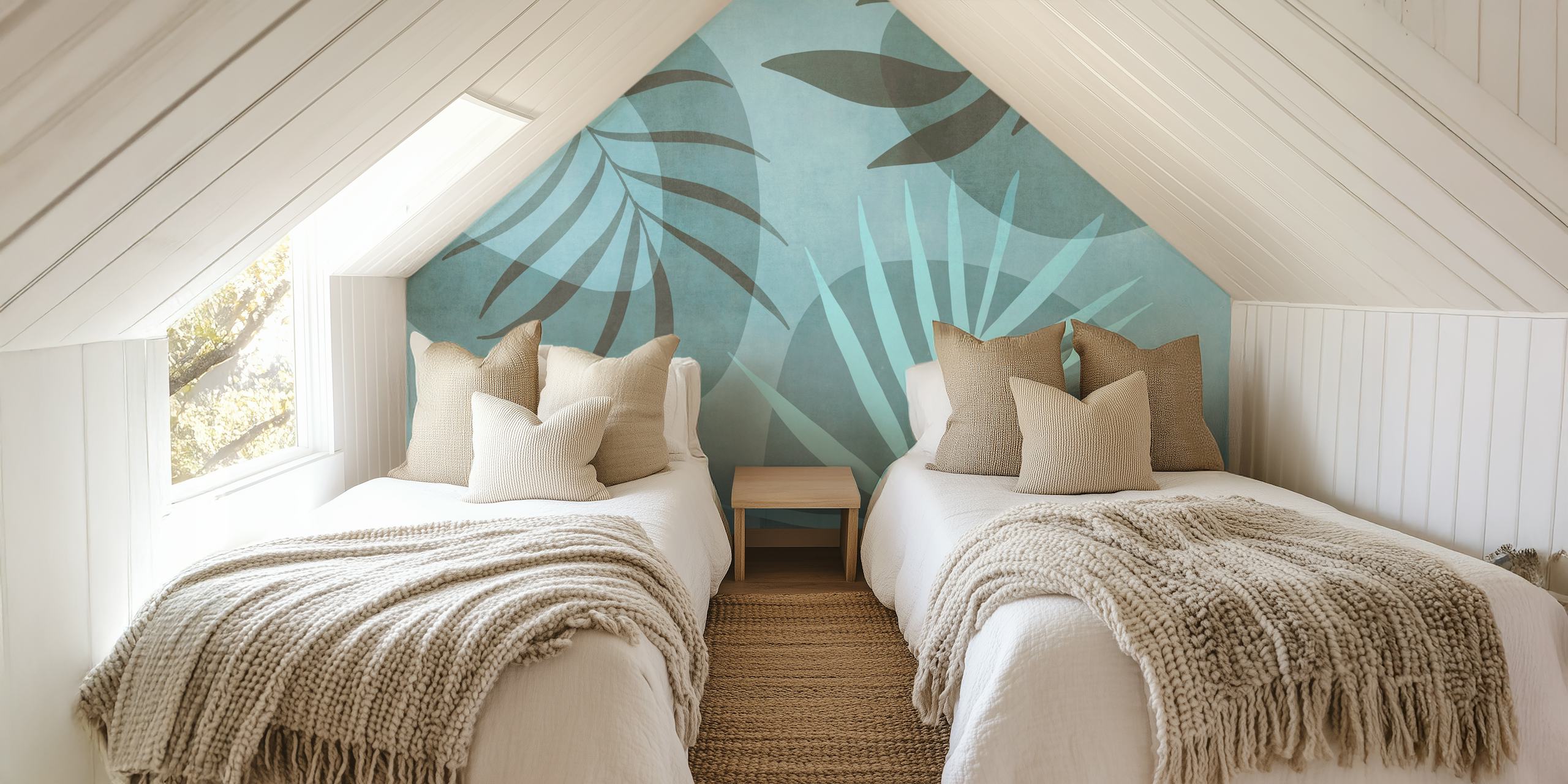 Palm Leaf Serenade Teal Mint wallpaper in a room