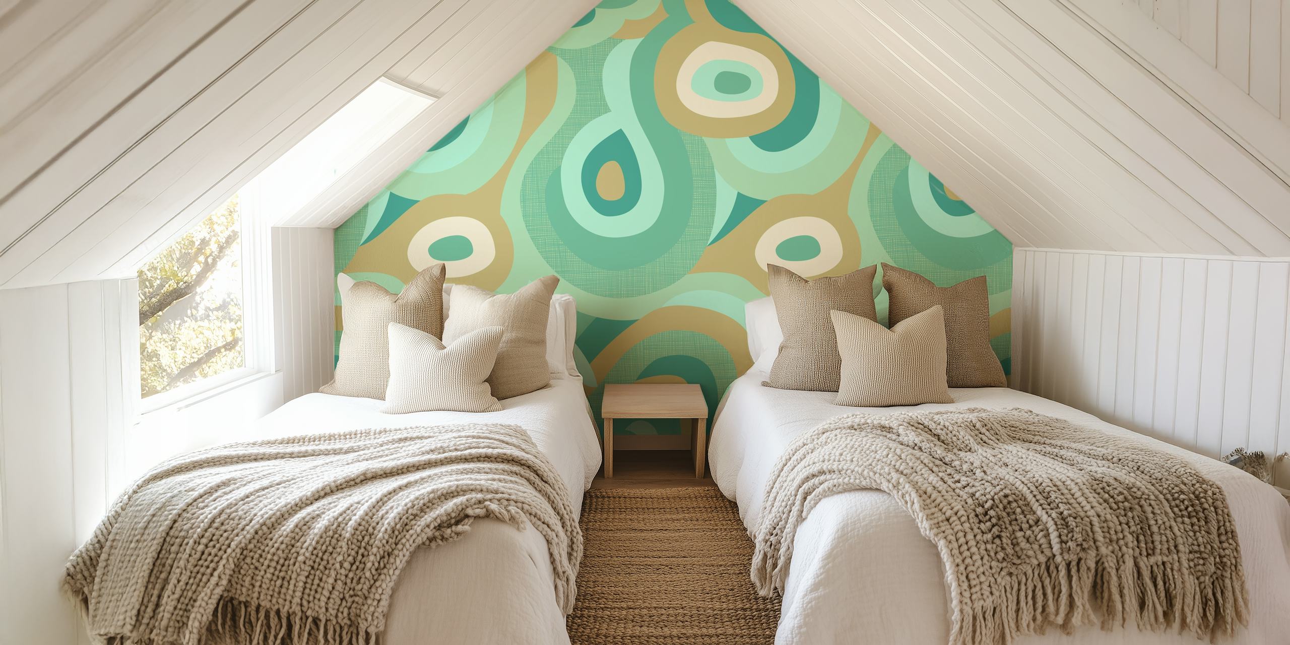 Groovy Wavy Aqua Green Väggdekor med retro vågiga mönster i mjuka blått och grönt