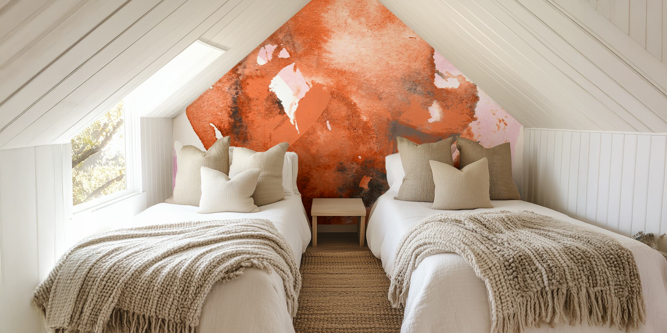 Watercolor brushstroke wallpaper in warm hues of pink and brown.