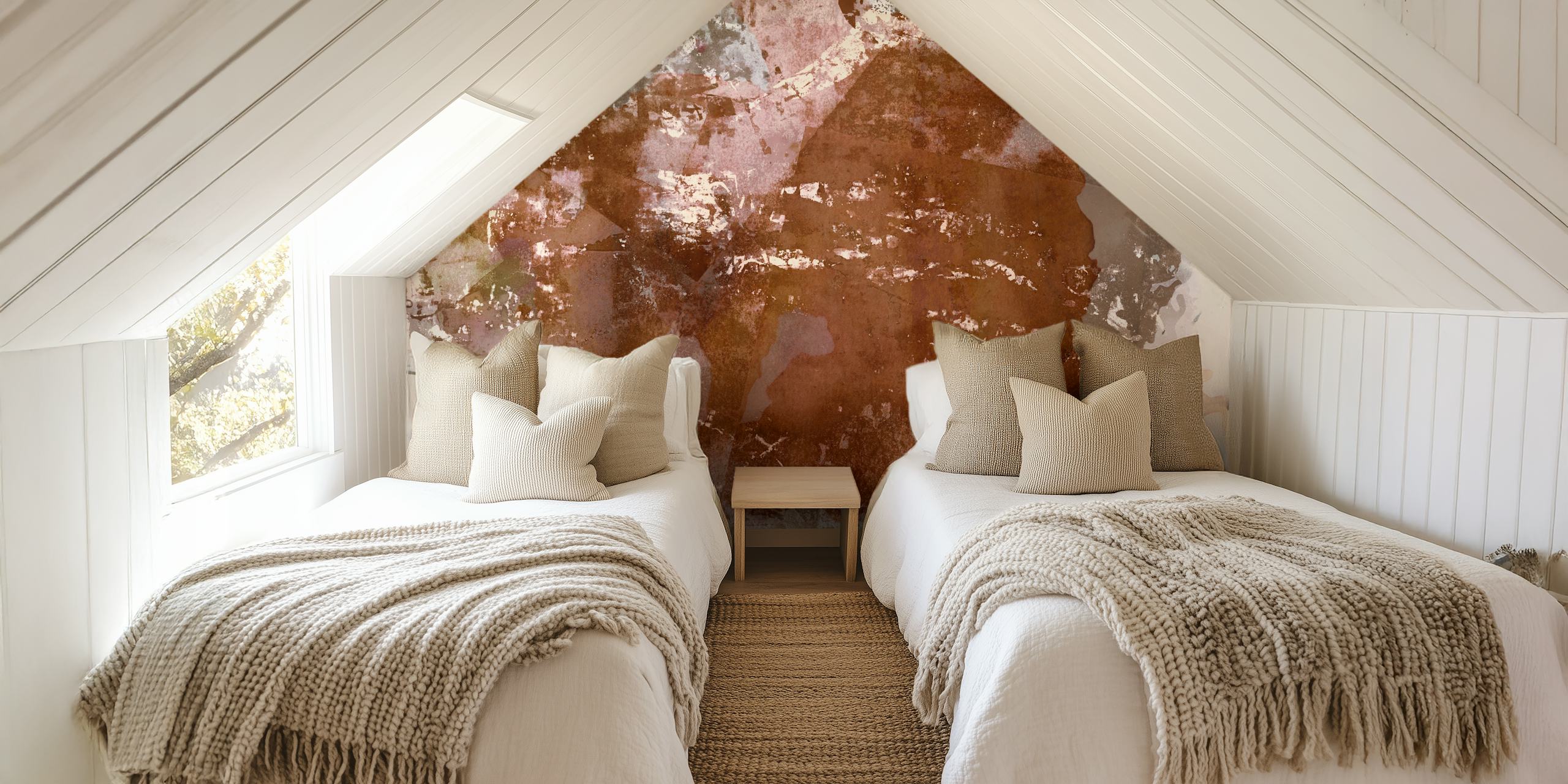 A wall mural exemplifying Japanese Wabi Sabi aesthetics with earthy neutral tones and textured appearance.