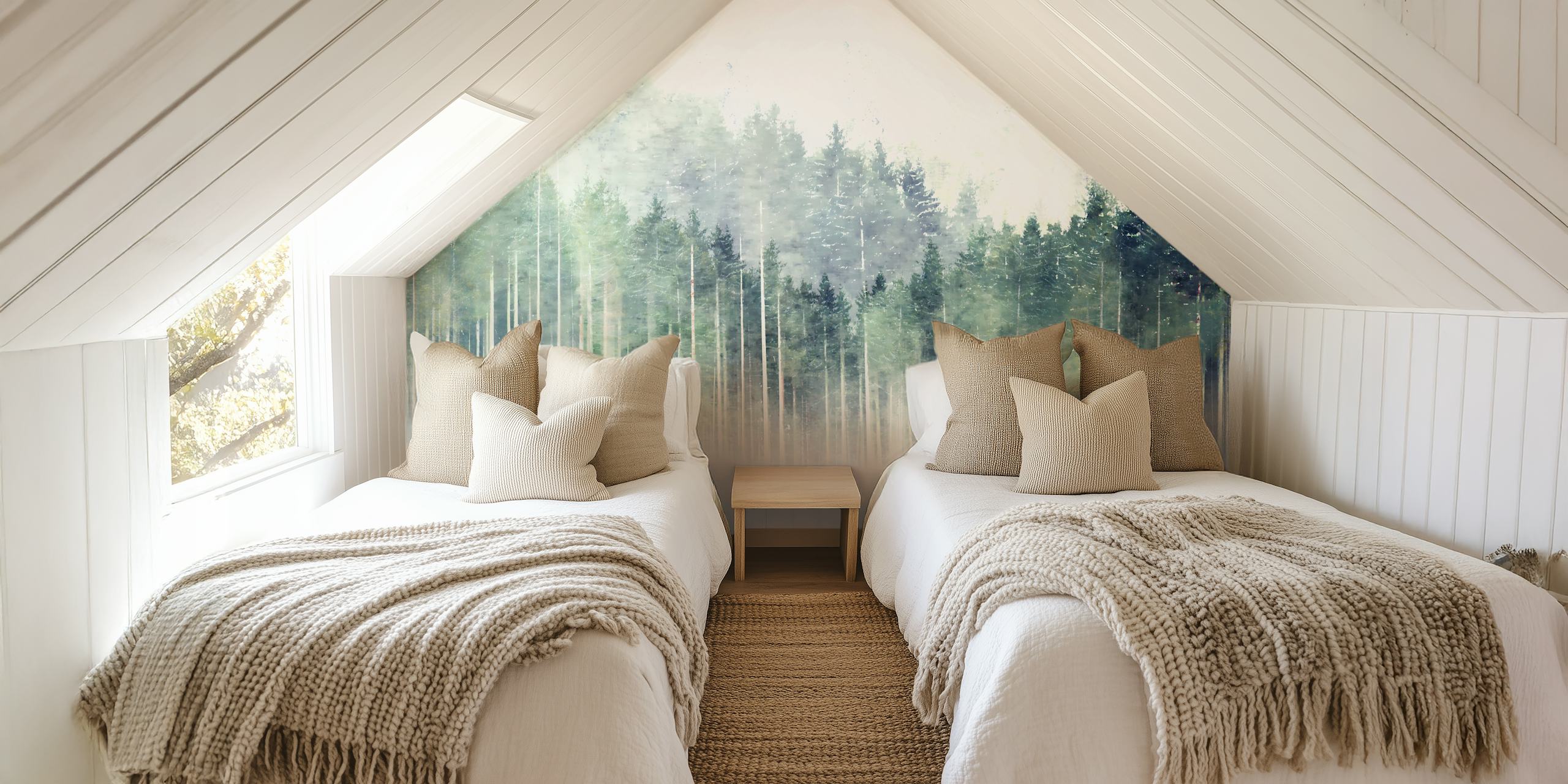 Light misty pine forest with soft green hues wallpaper