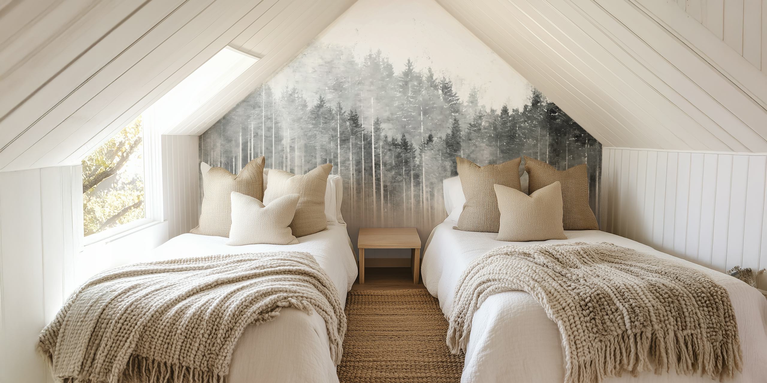 Misty forest black and white wallpaper in a room