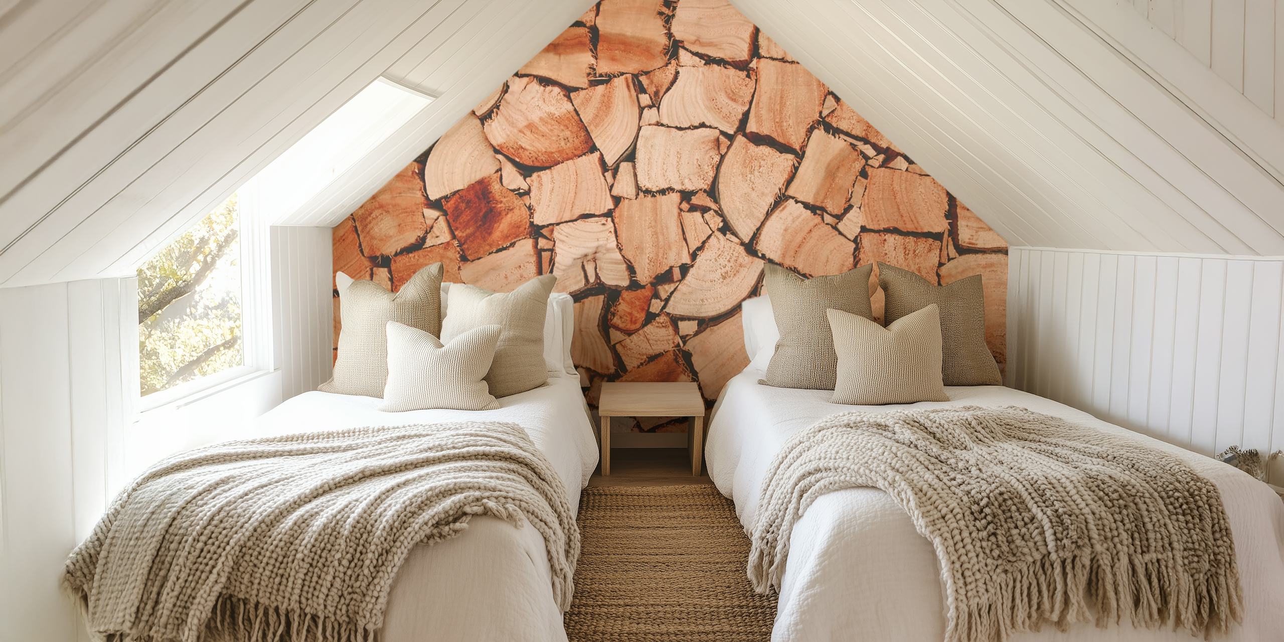 Stacked wood logs in natural colors wallpaper