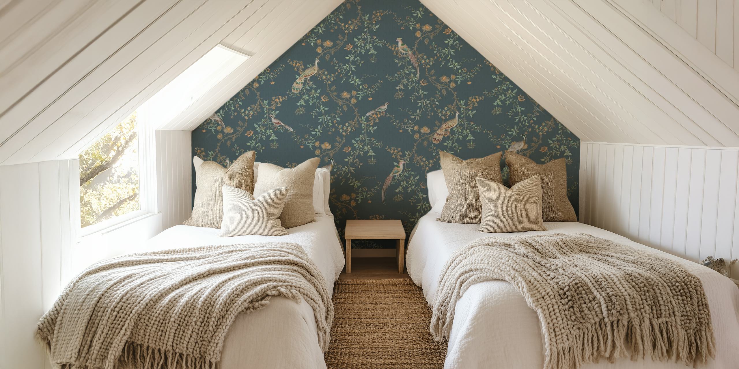 Chinoiserie birds and flowers in dark green wallpaper design