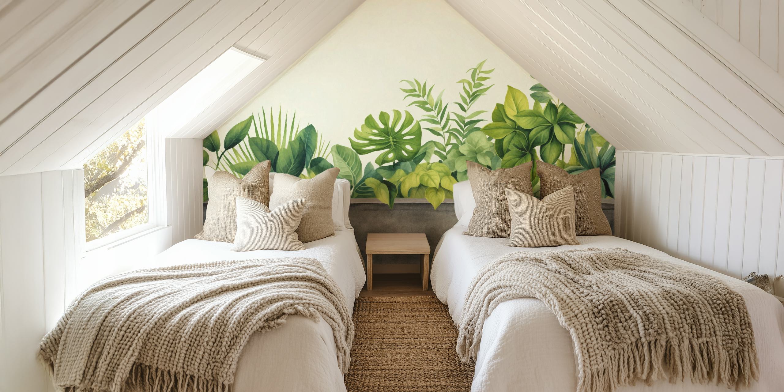 Urban Gardening Tropical Green Watercolor wall mural with lush foliage over grey background